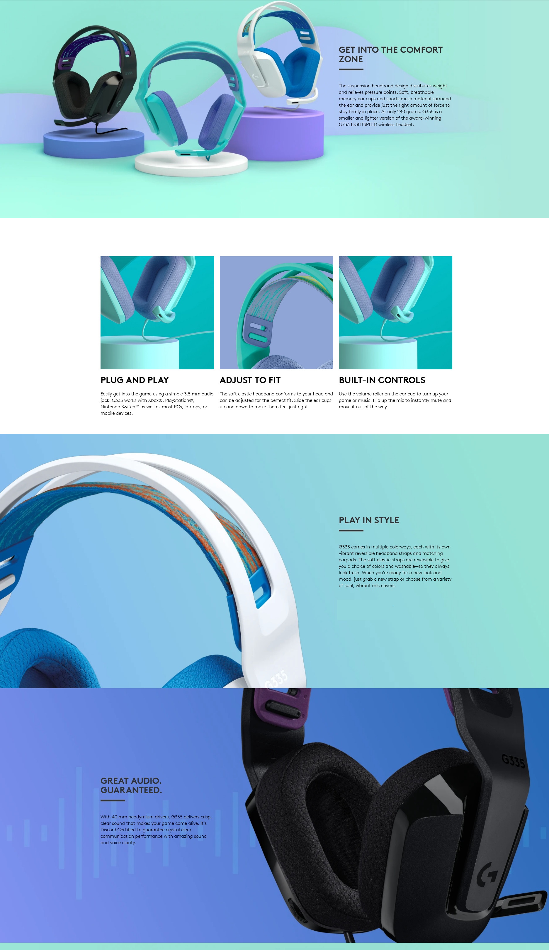 A large marketing image providing additional information about the product Logitech G335 Wired Gaming Headset - Mint - Additional alt info not provided