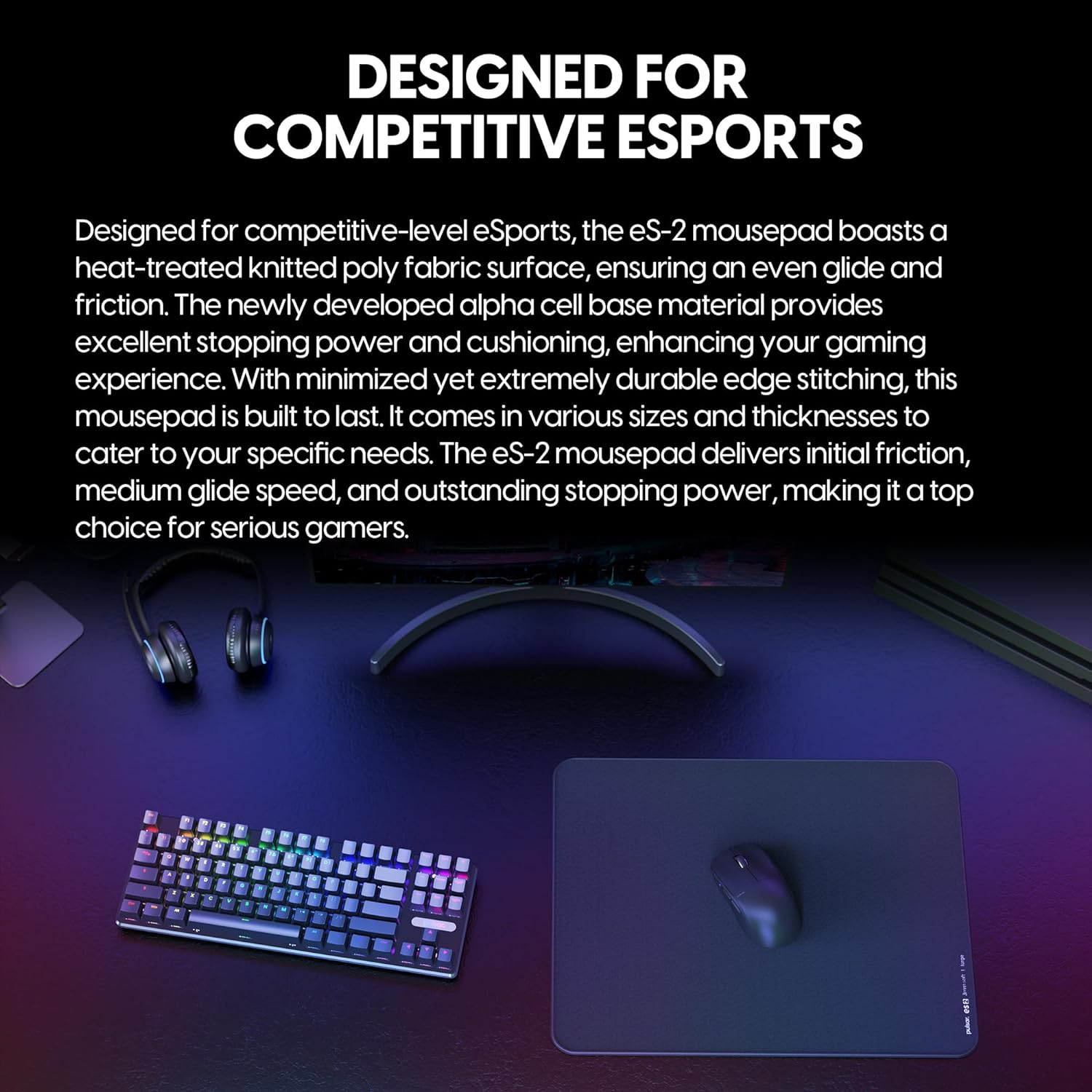 A large marketing image providing additional information about the product Pulsar ES2 Mousepad 3mm Large - Black - Additional alt info not provided