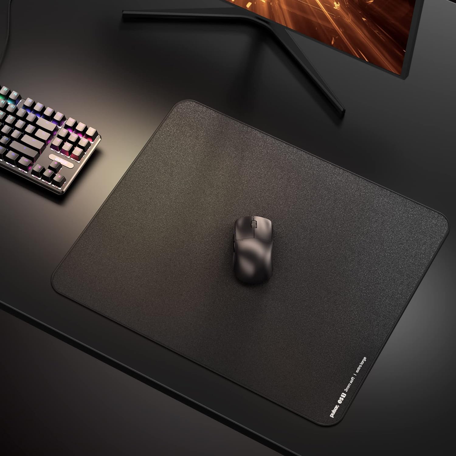 A large marketing image providing additional information about the product Pulsar ES1 Mousepad 3mm XL - Black - Additional alt info not provided