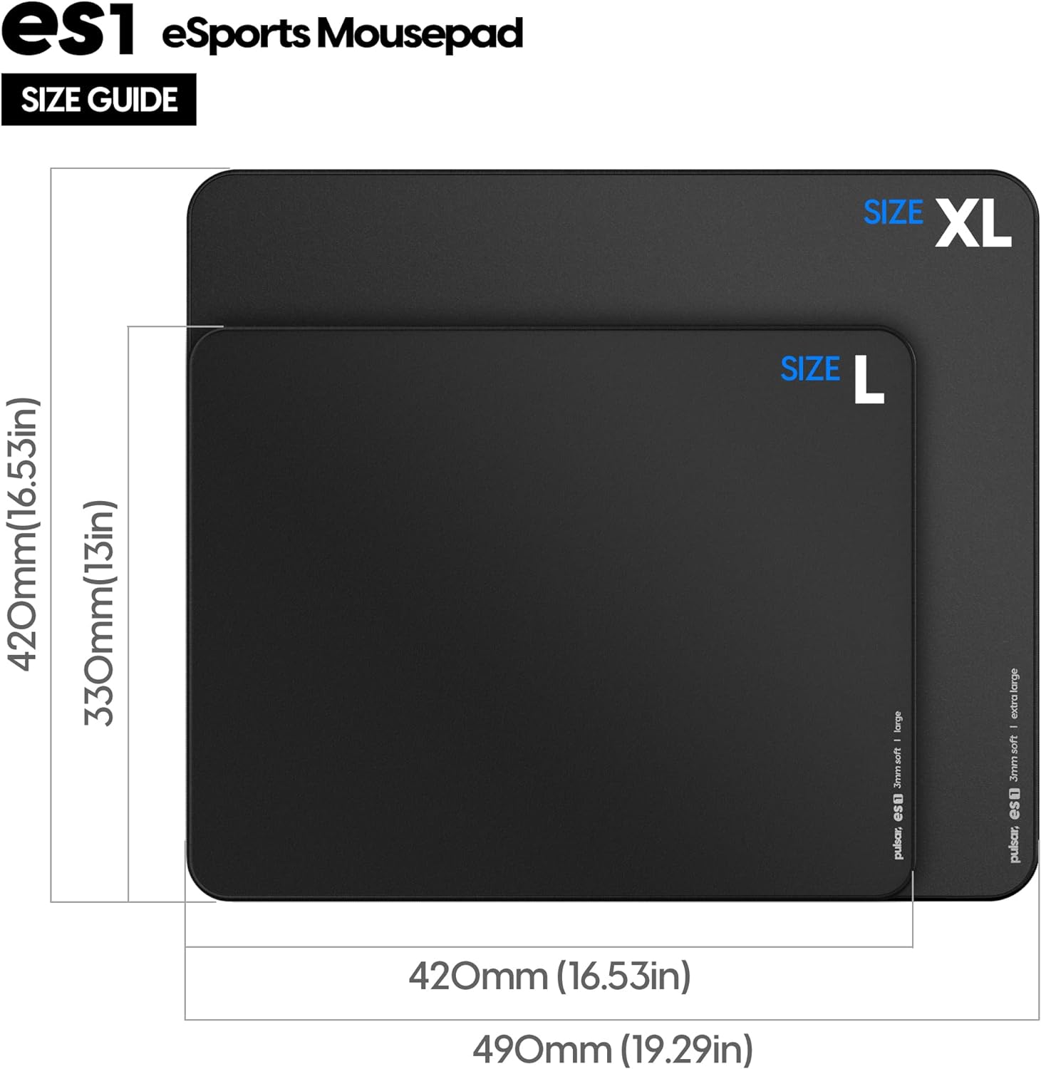 A large marketing image providing additional information about the product Pulsar ES1 Mousepad 3mm XL - Black - Additional alt info not provided