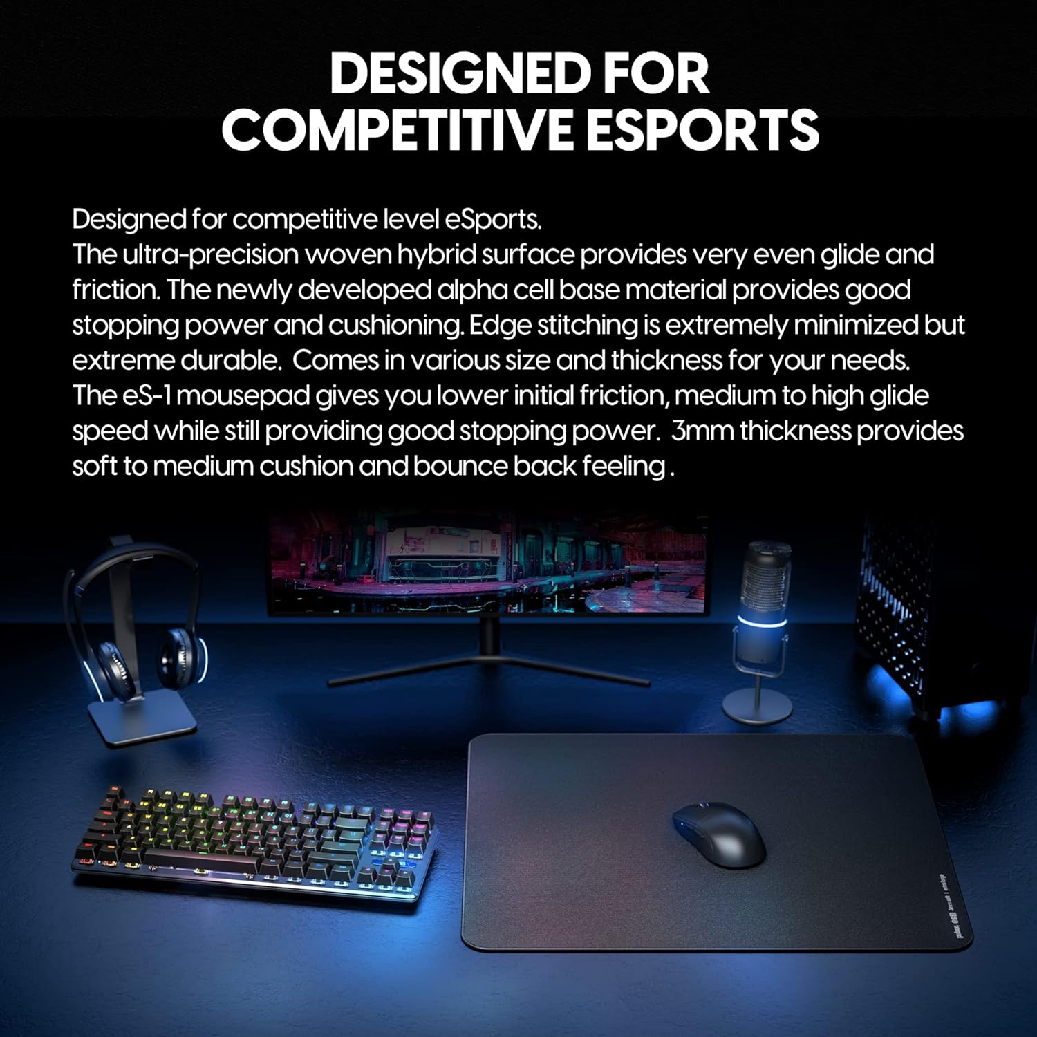 A large marketing image providing additional information about the product Pulsar ES1 Mousepad 3mm L - Black - Additional alt info not provided