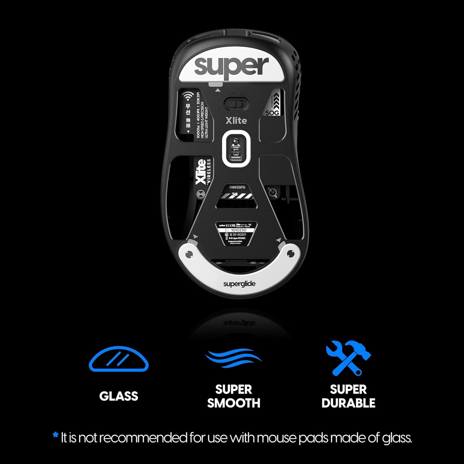 A large marketing image providing additional information about the product Pulsar Superglide 2 Mouse Skate for Pulsar Xlite Wireless - White - Additional alt info not provided