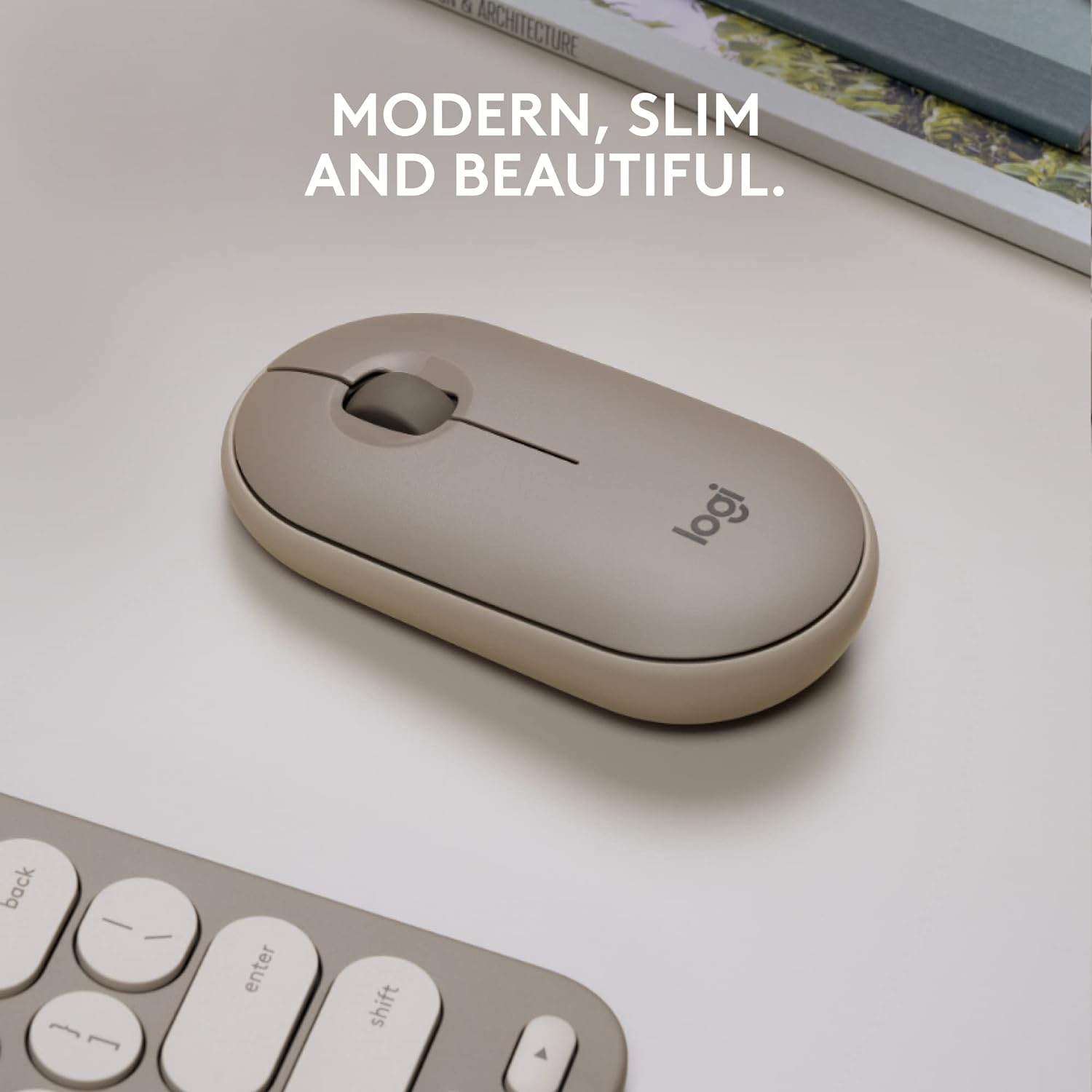 A large marketing image providing additional information about the product Logitech Pebble M350 Wireless Mouse - Sand - Additional alt info not provided