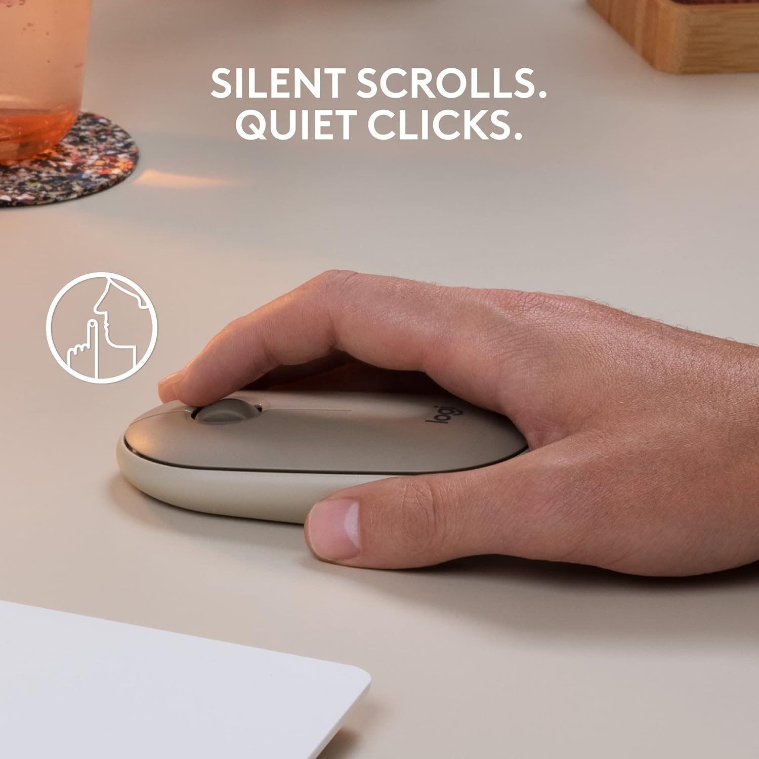 A large marketing image providing additional information about the product Logitech Pebble M350 Wireless Mouse - Sand - Additional alt info not provided