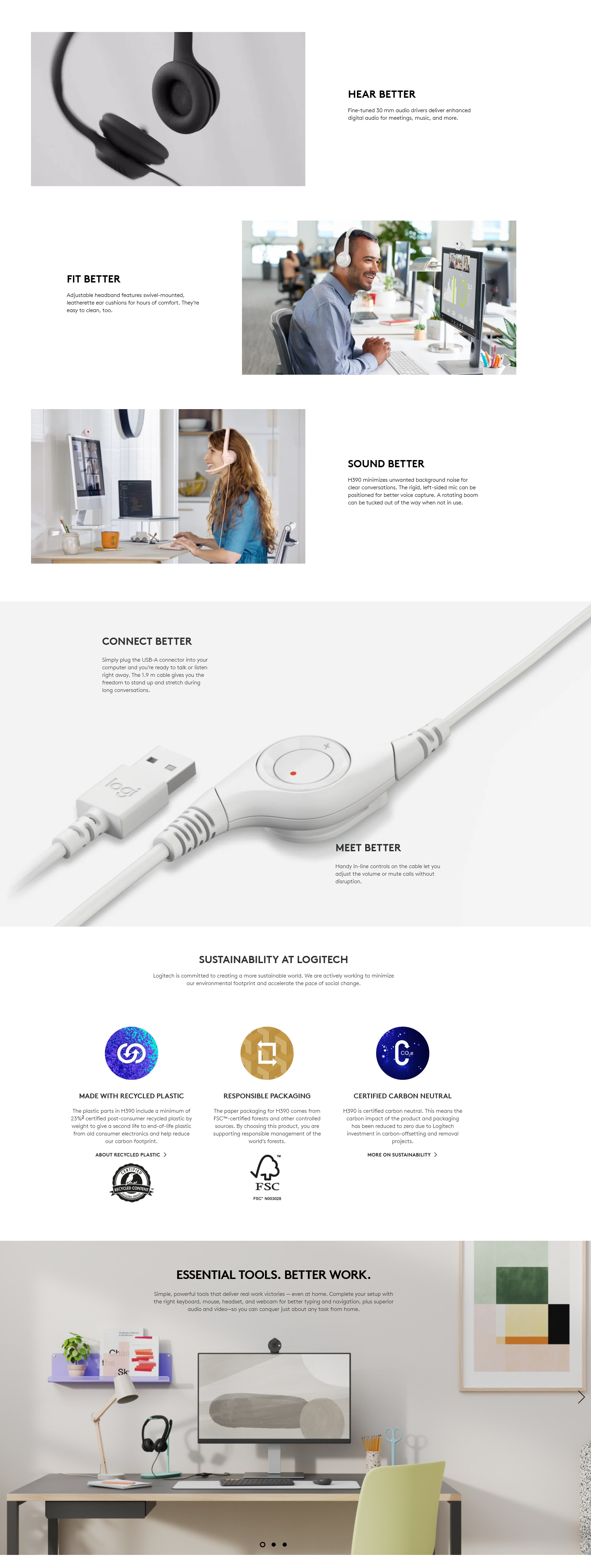 A large marketing image providing additional information about the product Logitech H390 USB Headset with Noise-Cancelling Mic - Off White - Additional alt info not provided
