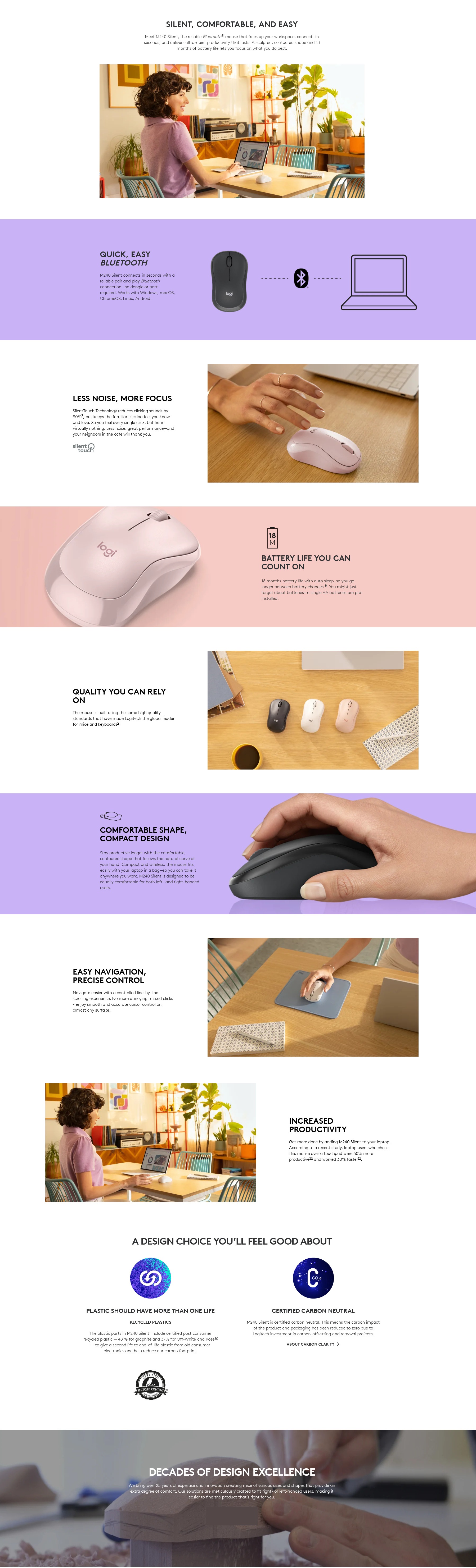 A large marketing image providing additional information about the product Logitech M240 Silent Bluetooth Mouse - Rose - Additional alt info not provided
