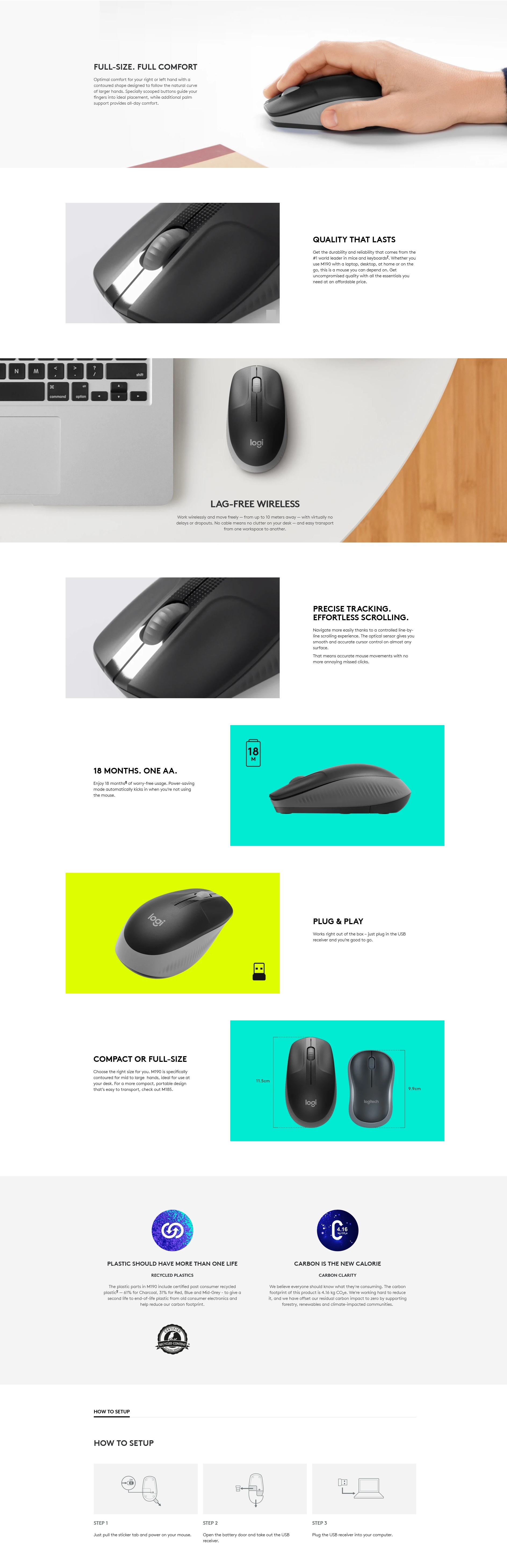 A large marketing image providing additional information about the product Logitech M190 Wireless Mouse - Charcoal - Additional alt info not provided