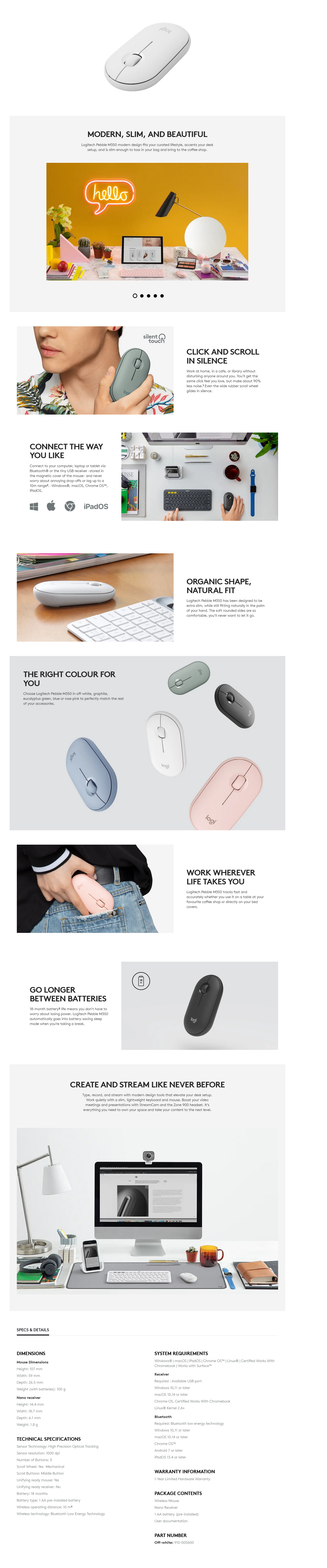 A large marketing image providing additional information about the product Logitech Pebble Slim Silent Wireless Mouse - Off-White - Additional alt info not provided