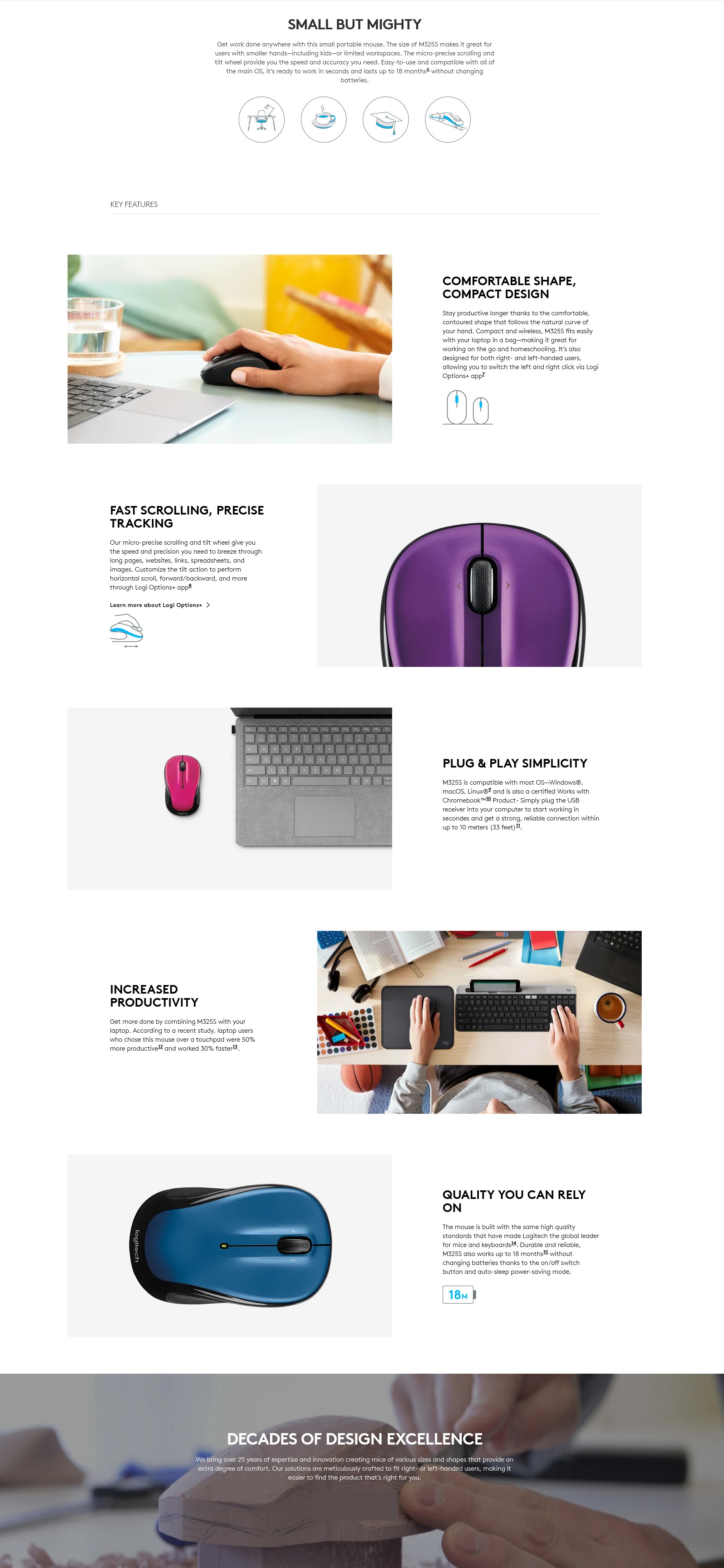A large marketing image providing additional information about the product Logitech Wireless Mouse M325s - Light Silver - Additional alt info not provided