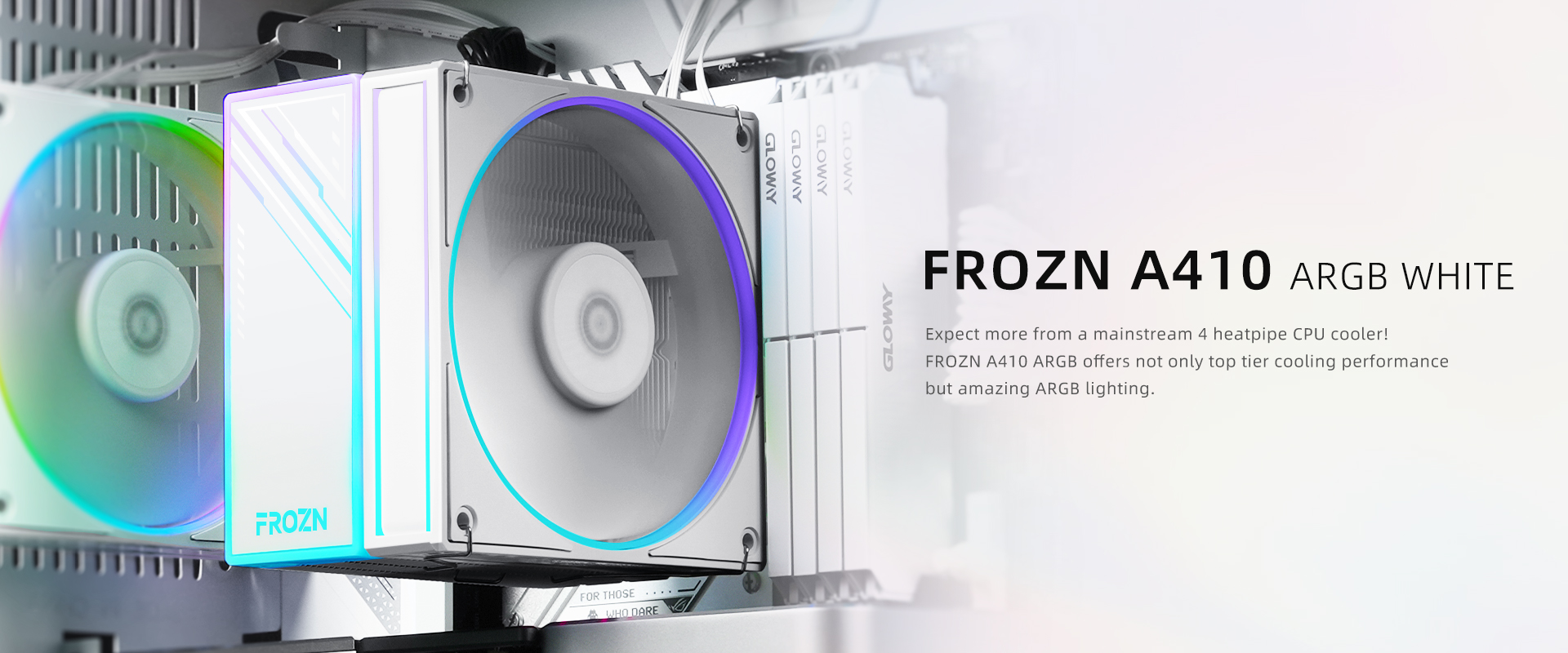A large marketing image providing additional information about the product ID-COOLING FROZN A410 ARGB CPU Cooler - White - Additional alt info not provided