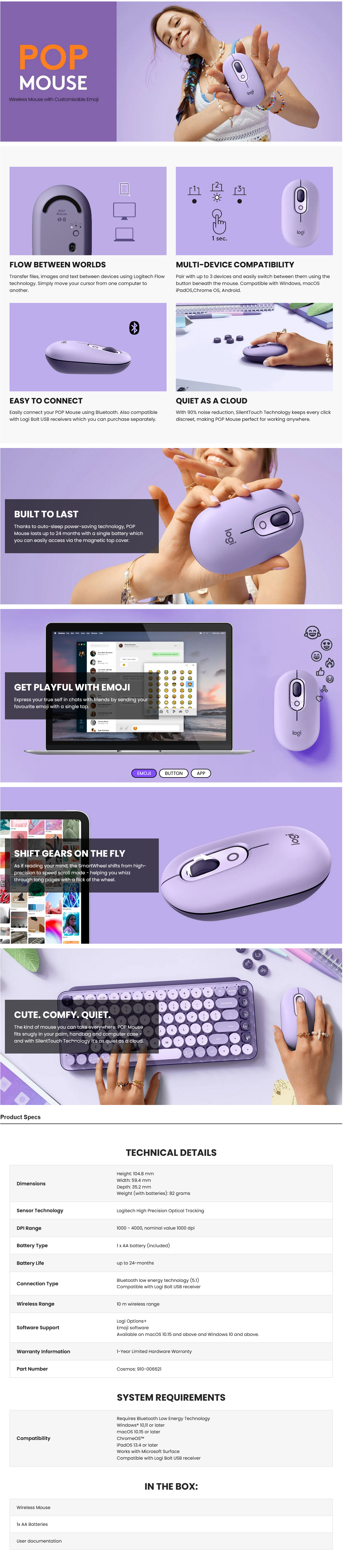 A large marketing image providing additional information about the product Logitech POP Wireless Mouse - Cosmos Lavender - Additional alt info not provided