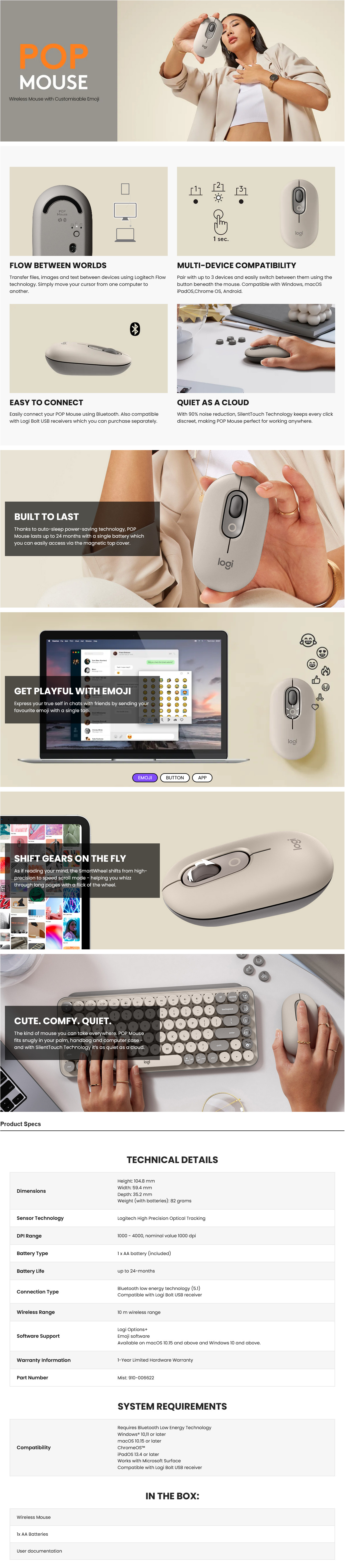 A large marketing image providing additional information about the product Logitech POP Wireless Mouse - Mist Sand - Additional alt info not provided