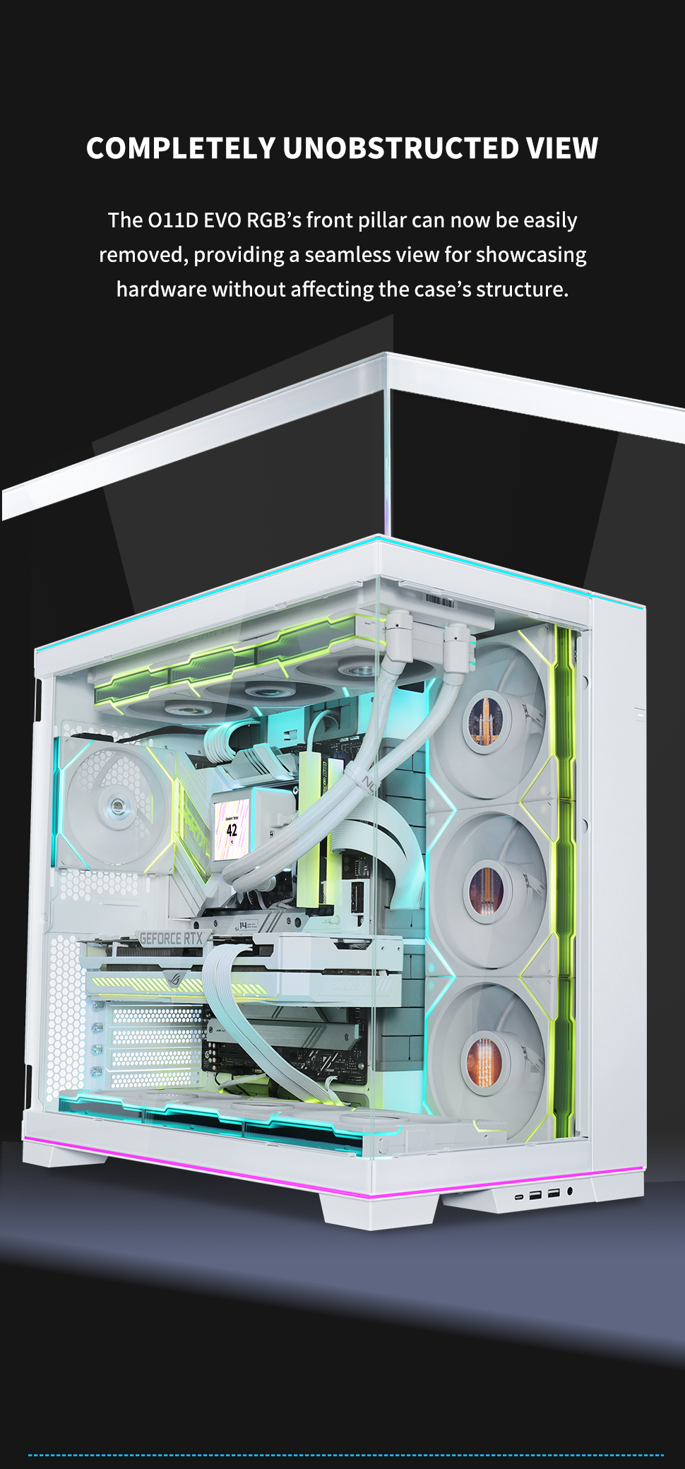 A large marketing image providing additional information about the product Lian Li O11D EVO RGB Mid Tower Case - White - Additional alt info not provided