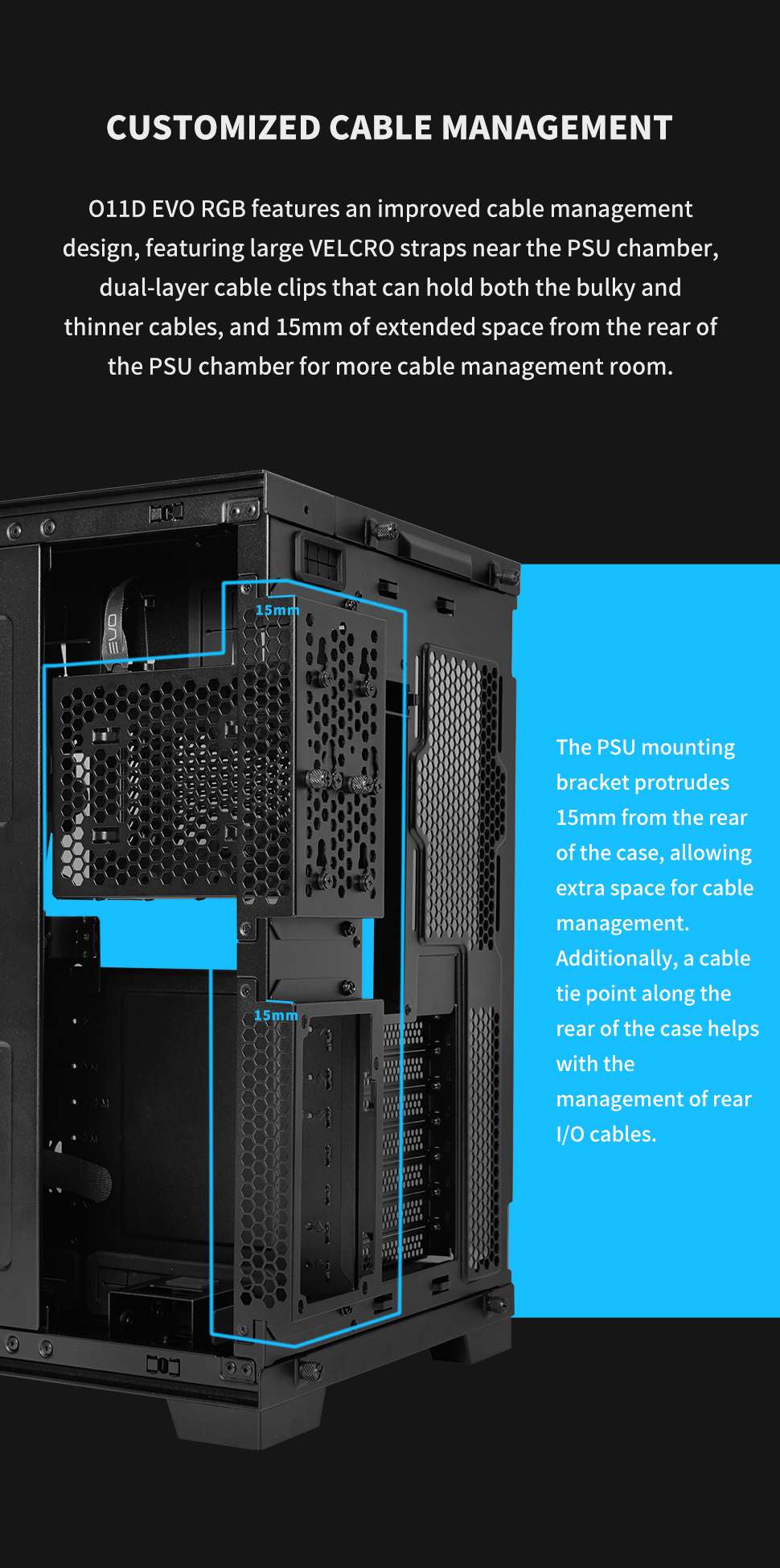 A large marketing image providing additional information about the product Lian Li O11D EVO RGB Mid Tower Case - Black - Additional alt info not provided