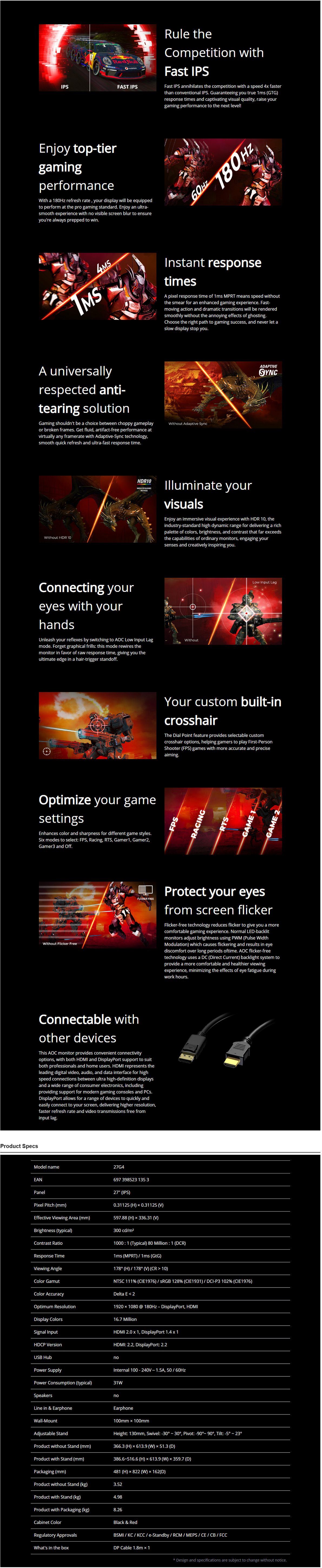 A large marketing image providing additional information about the product AOC Gaming 27G4 27" FHD 180Hz IPS Monitor - Additional alt info not provided