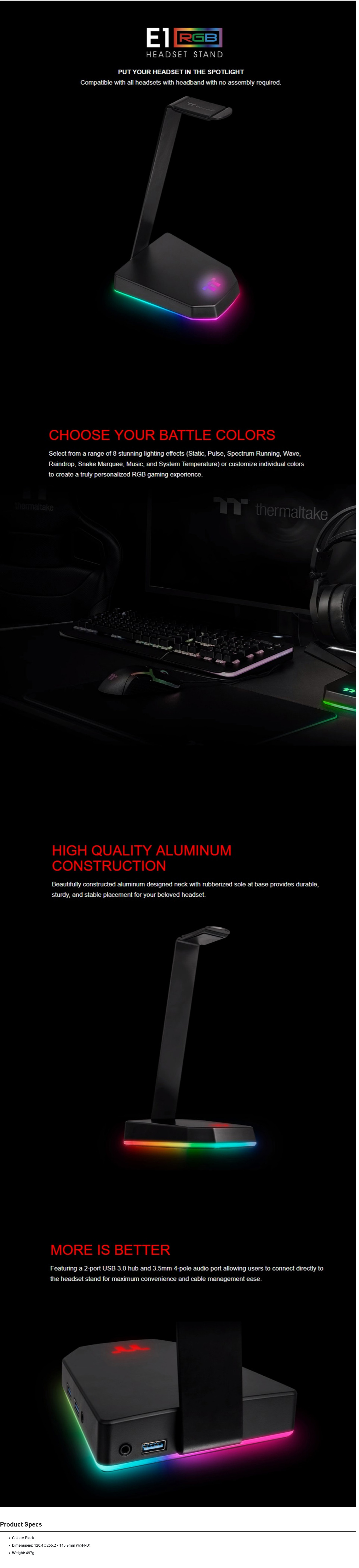 A large marketing image providing additional information about the product Thermaltake E1 RGB Gaming Headset Stand w/ 2x USB 3.0 - Additional alt info not provided