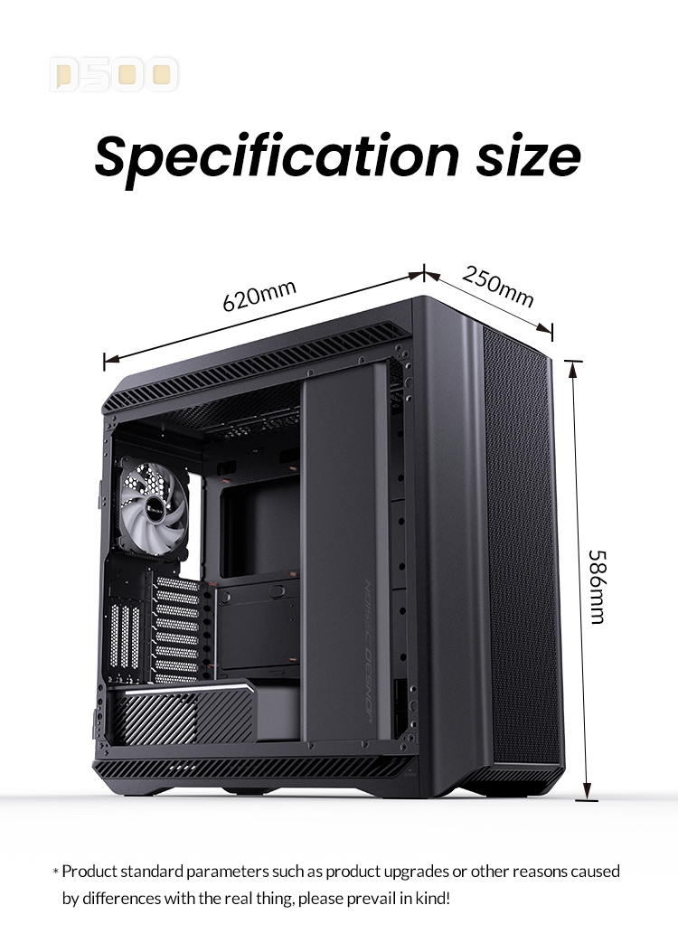 A large marketing image providing additional information about the product Jonsbo D500 Full Tower Case - Black - Additional alt info not provided