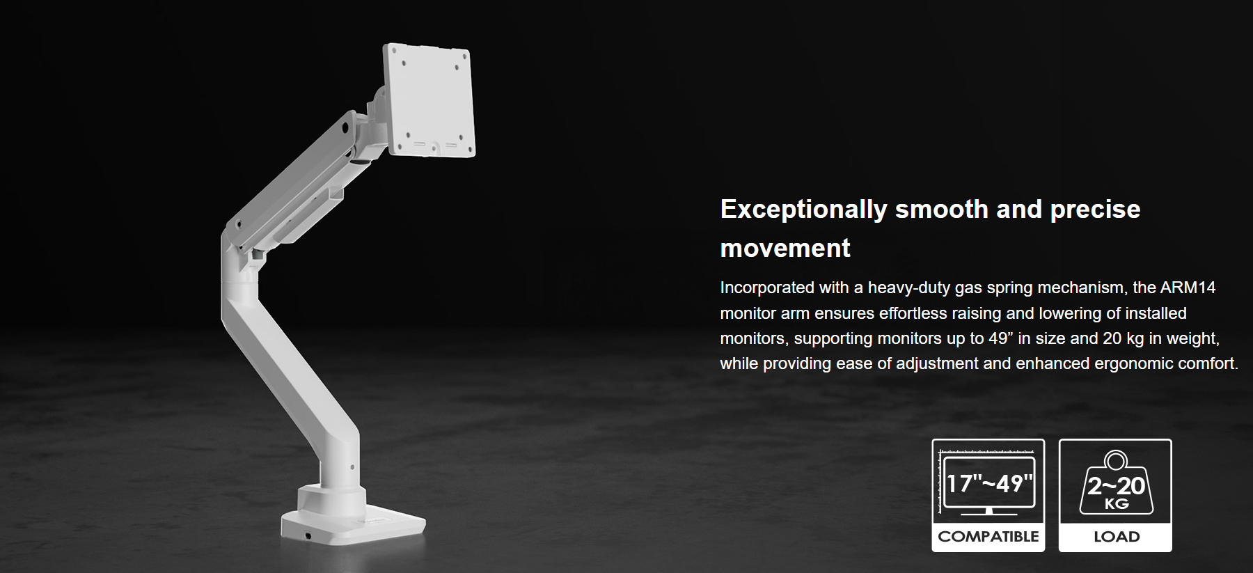 A large marketing image providing additional information about the product SilverStone ARM14 Single Monitor Arm - Black - Additional alt info not provided