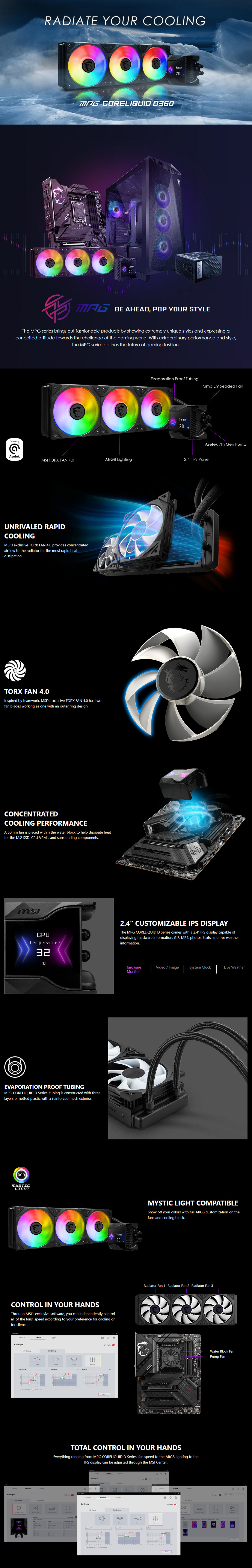 A large marketing image providing additional information about the product MSI MPG Coreliquid D360 360mm AIO Liquid Cooler - Additional alt info not provided