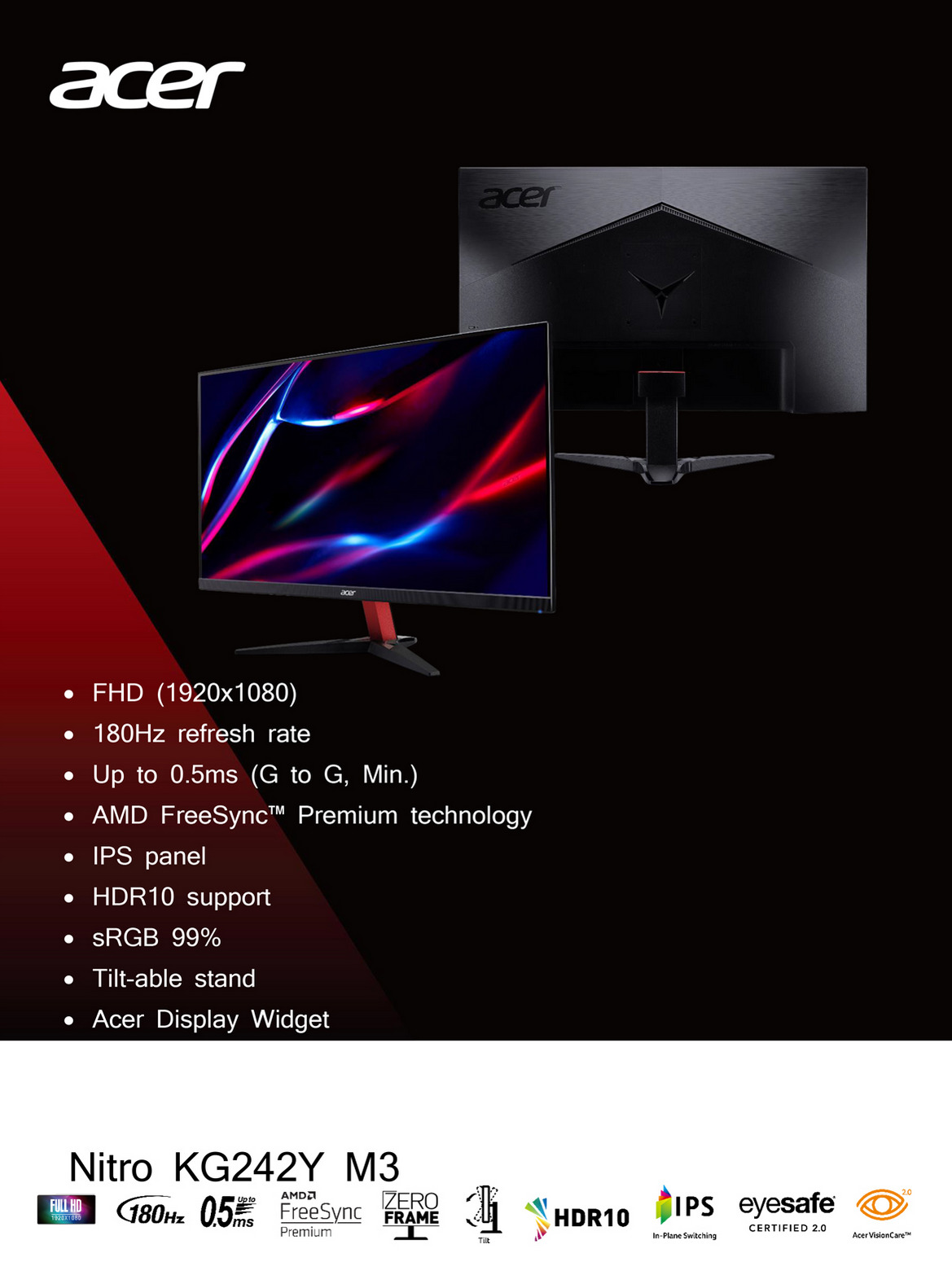 A large marketing image providing additional information about the product Acer Nitro KG242YM3 - 23.8" FHD 180Hz IPS Monitor - Additional alt info not provided
