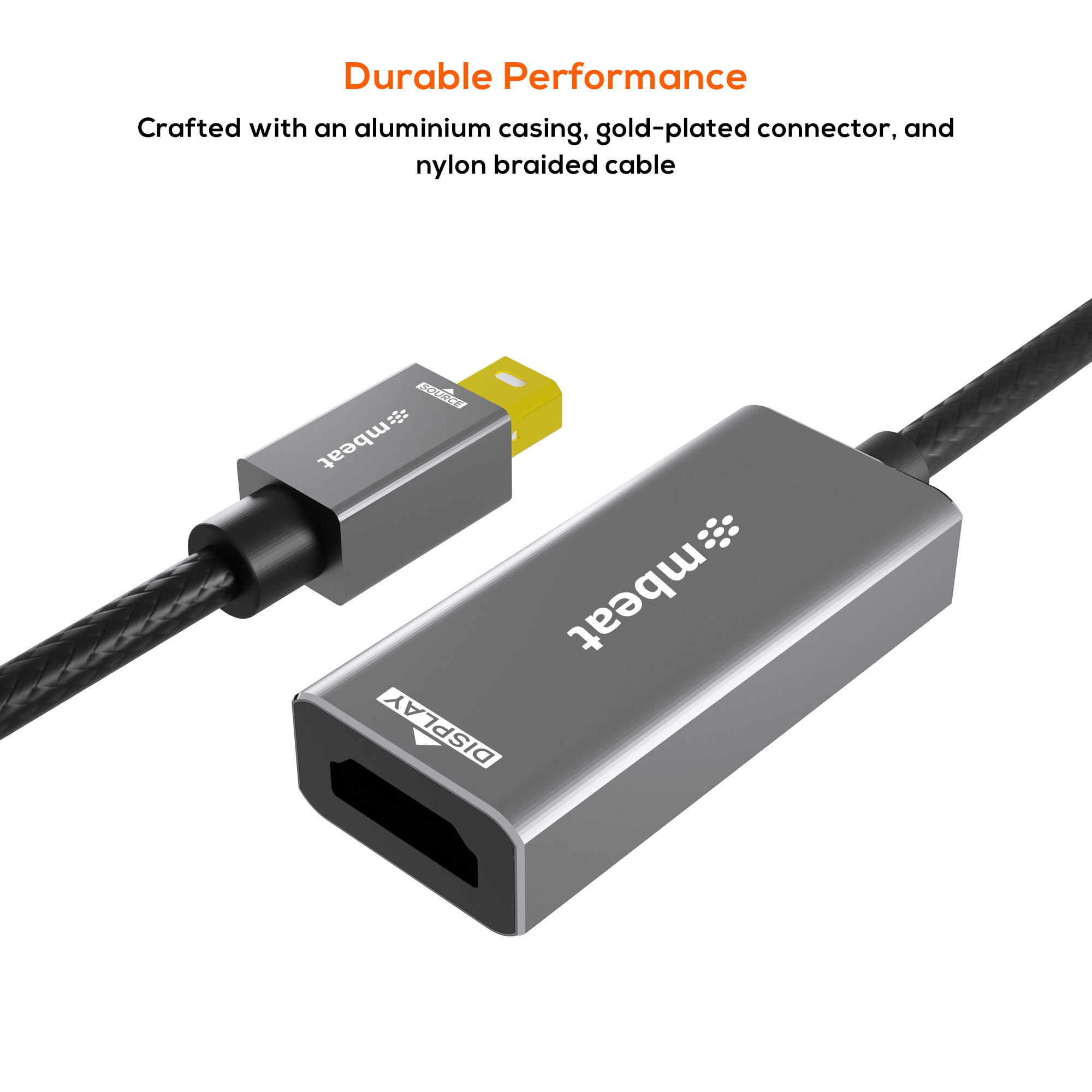A large marketing image providing additional information about the product mbeat Tough Link Mini DisplayPort to HDMI Adapter - Additional alt info not provided
