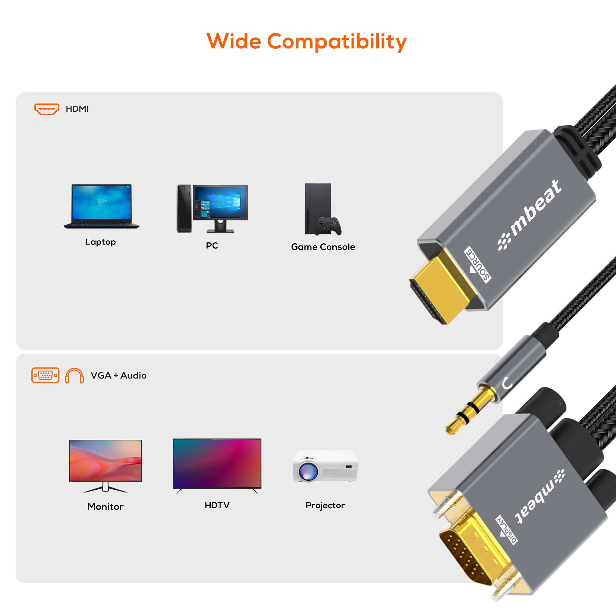 A large marketing image providing additional information about the product mbeat Tough Link HDMI to VGA Cable with USB Power & 3.5mm Audio - 1.8m  - Additional alt info not provided