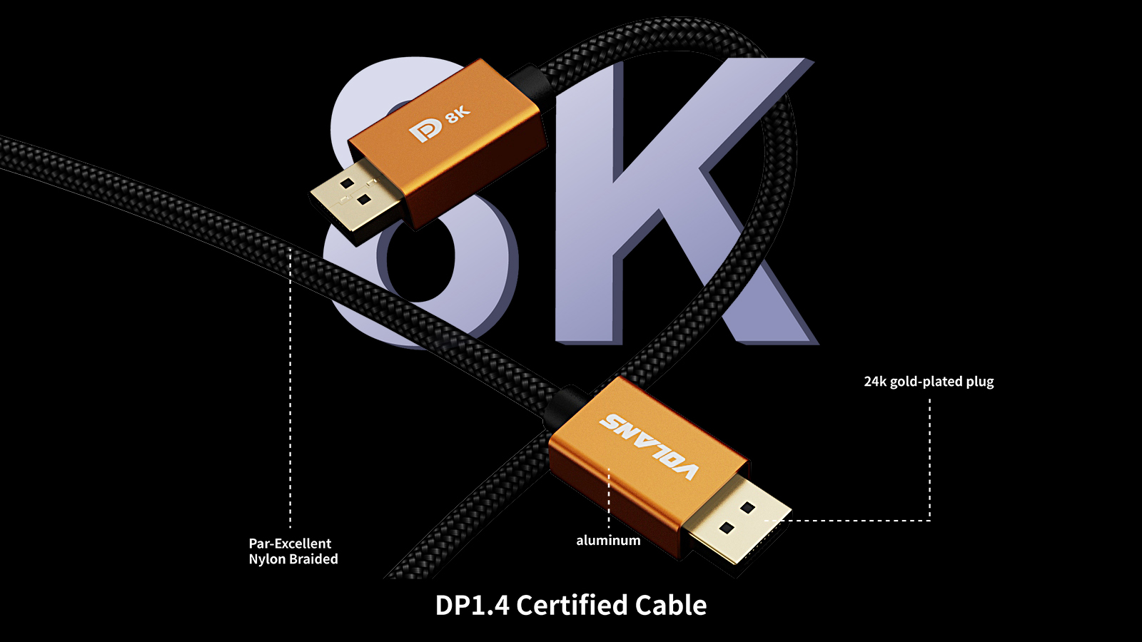 A large marketing image providing additional information about the product Volans Ultra 8K DP to DP Cable V1.4 - 2m - Additional alt info not provided