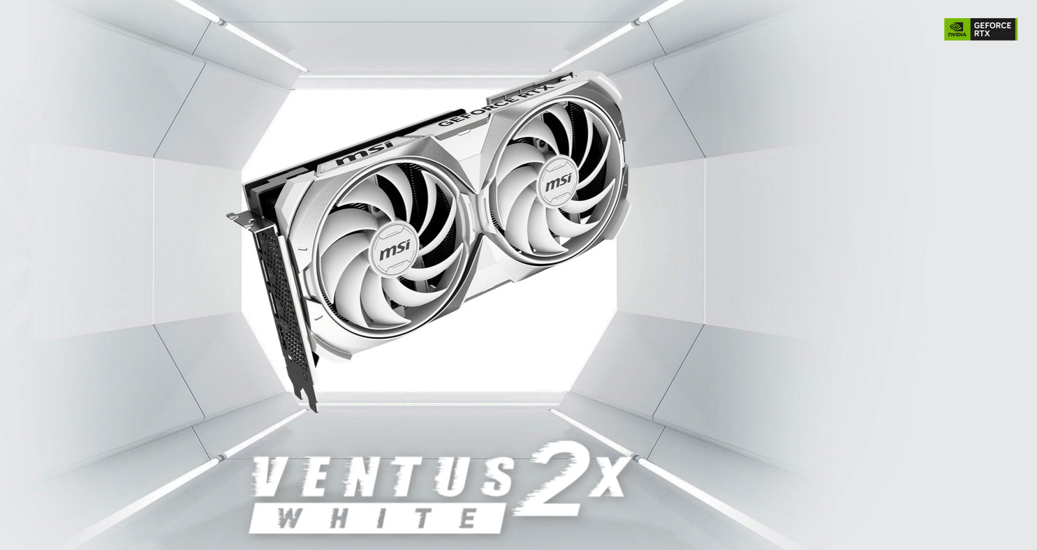 A large marketing image providing additional information about the product MSI GeForce RTX 4070 Ti SUPER Ventus 2X OC 16GGB GDDR6X - White - Additional alt info not provided