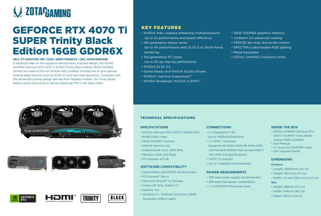 A large marketing image providing additional information about the product ZOTAC GAMING Geforce RTX 4070 Ti SUPER Trinity Black 16GB GDDR6X - Additional alt info not provided