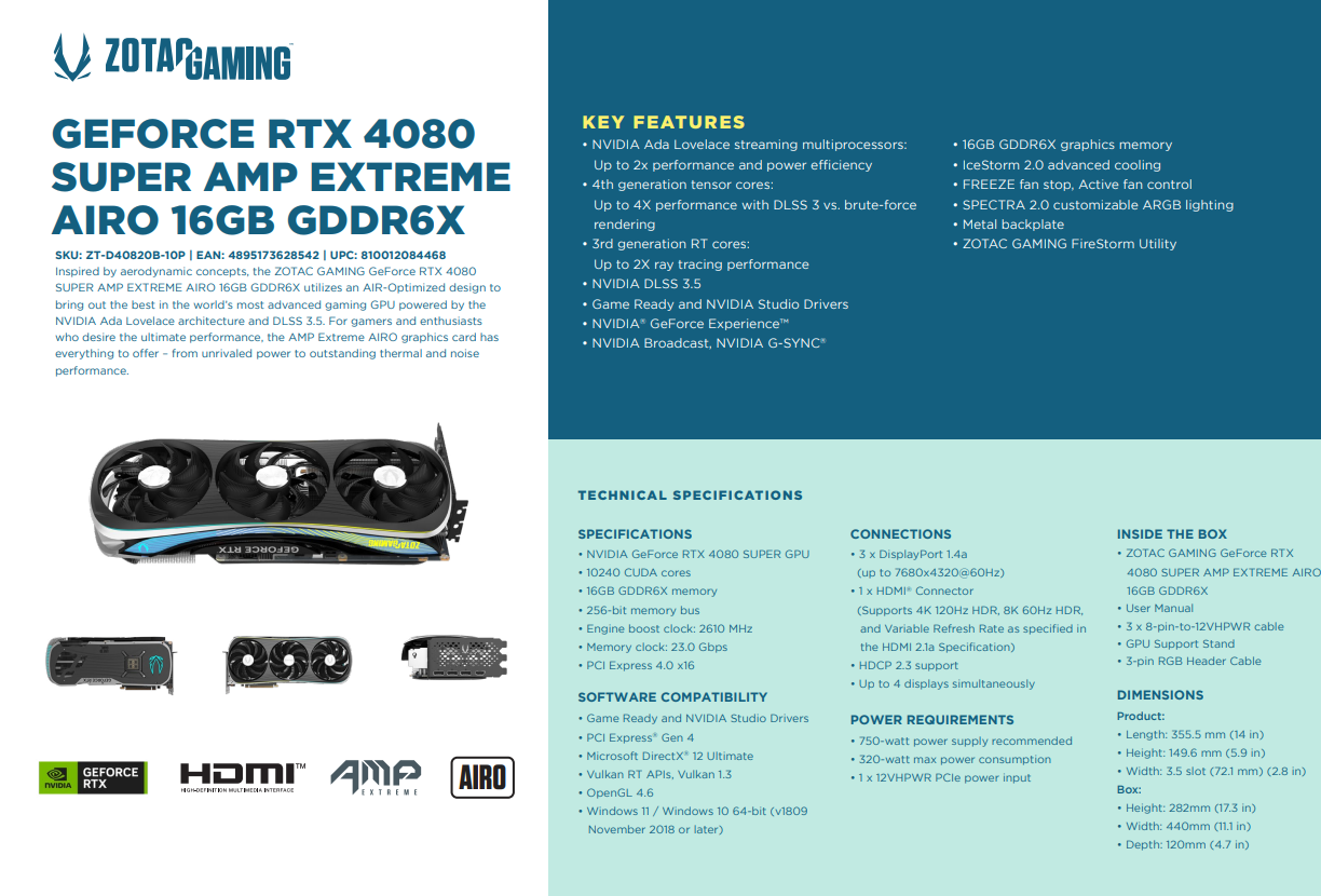 A large marketing image providing additional information about the product ZOTAC GAMING GeForce RTX 4080 SUPER AMP Extreme Airo 16GB GDDR6X - Additional alt info not provided