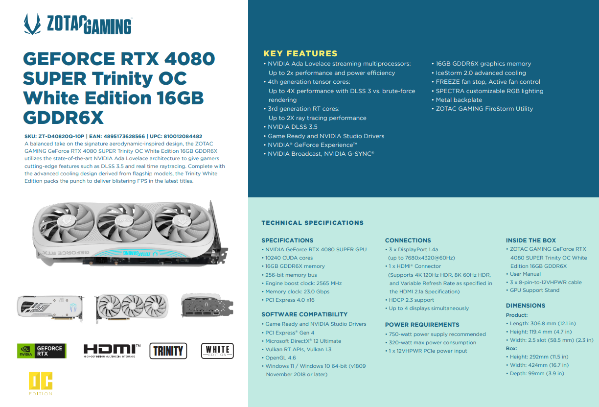A large marketing image providing additional information about the product ZOTAC GAMING GeForce RTX 4080 SUPER Trinity Black 16GB GDDR6X - Additional alt info not provided