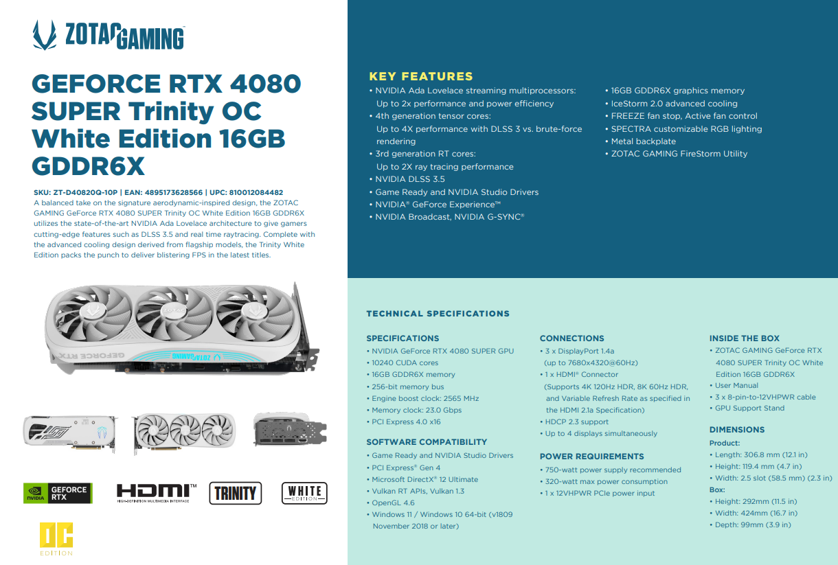 A large marketing image providing additional information about the product ZOTAC GAMING GeForce RTX 4080 SUPER Trinity OC White 16GB GDDR6X - Additional alt info not provided
