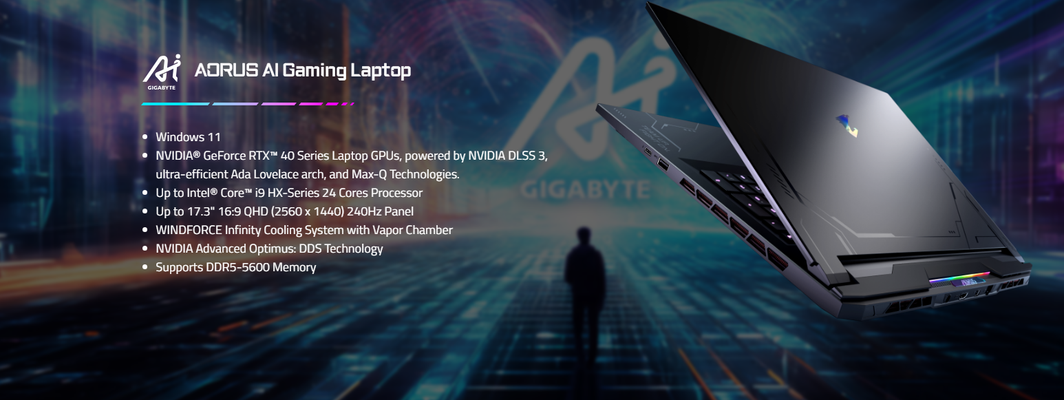 A large marketing image providing additional information about the product Gigabyte AORUS 17X (AZG) - 17.3" 240Hz, 14th Gen i9, RTX 4090, 32GB/1TB - Win 11 Gaming Notebook - Additional alt info not provided