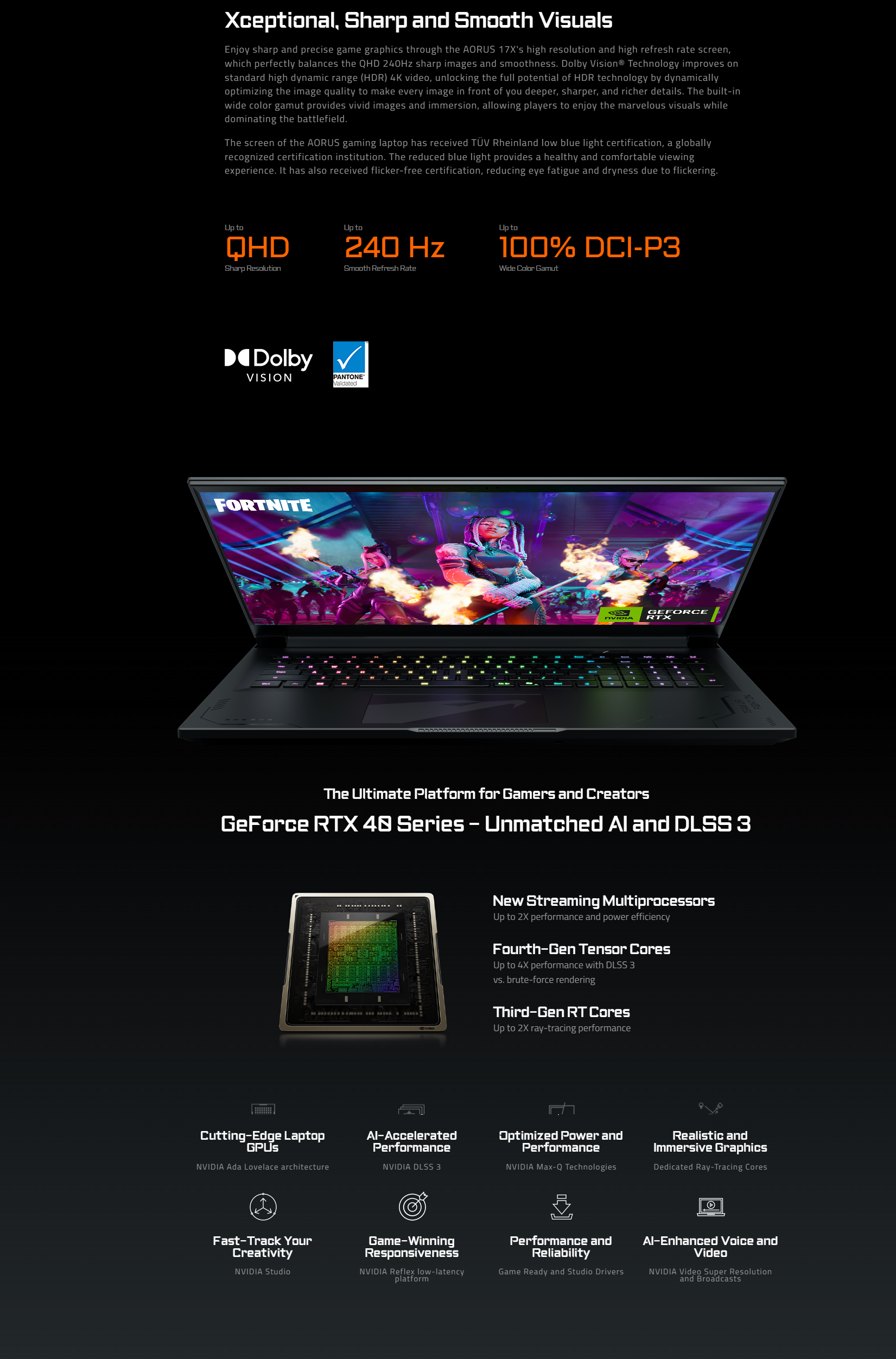A large marketing image providing additional information about the product Gigabyte AORUS 17X (AZG) - 17.3" 240Hz, 14th Gen i9, RTX 4090, 32GB/1TB - Win 11 Gaming Notebook - Additional alt info not provided