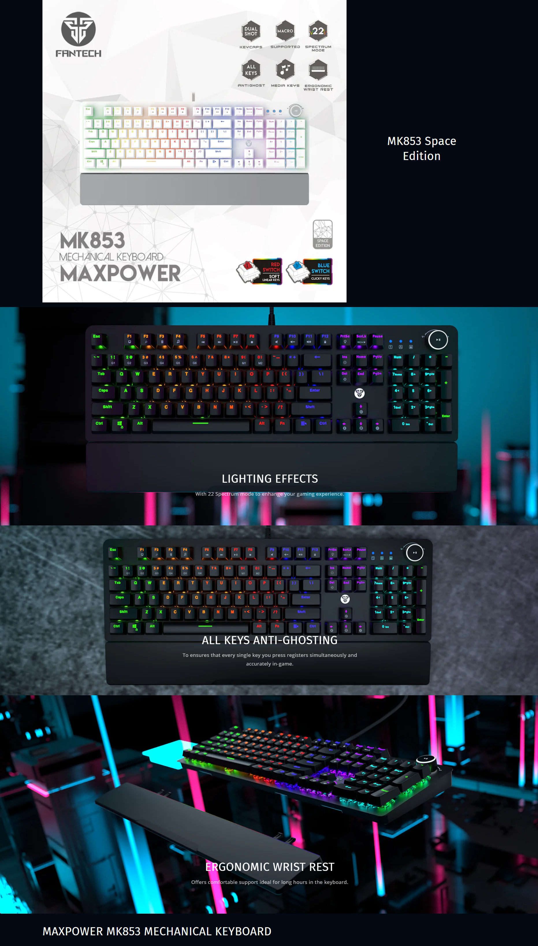 A large marketing image providing additional information about the product Fantech Gaming PC Mechanical Keyboard LED Backlit Anti-Ghostong Key with Knob and Wrist Rest - White (Red Switch) - Additional alt info not provided