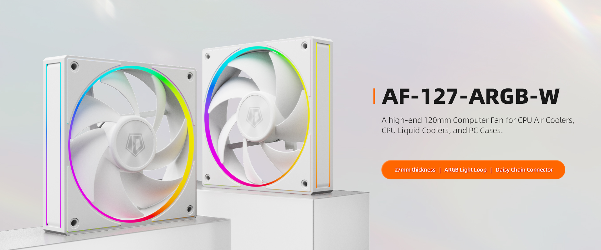 A large marketing image providing additional information about the product ID-COOLING AF Series 120mm ARGB Case Fan - White - Additional alt info not provided