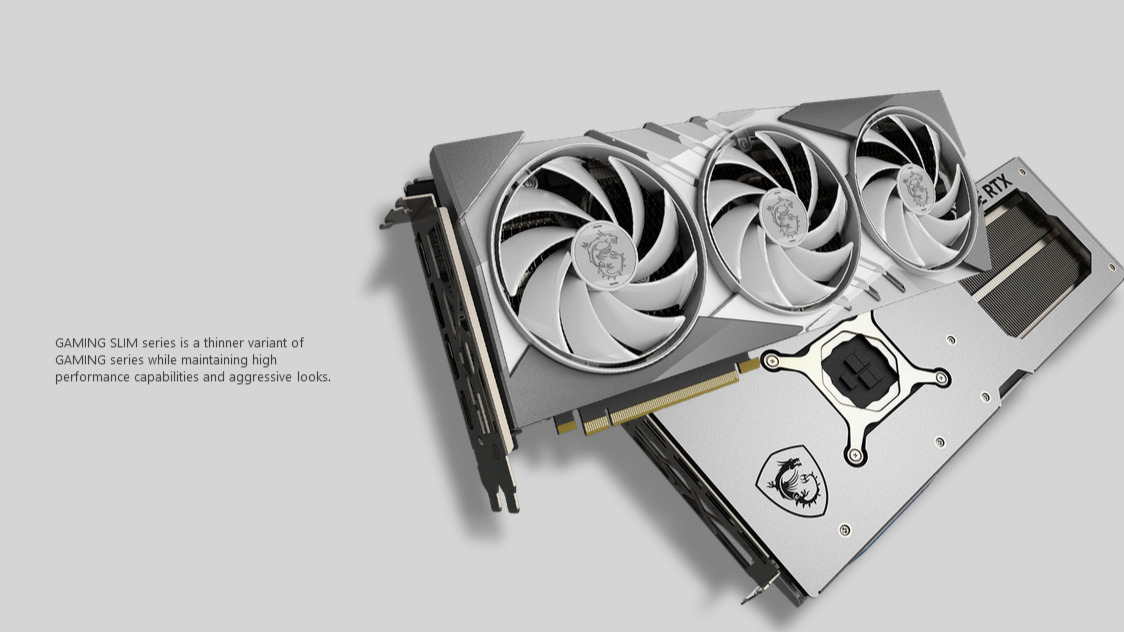 A large marketing image providing additional information about the product MSI GeForce RTX 4070 SUPER Gaming X Slim 12GB GDDR6X  - White - Additional alt info not provided