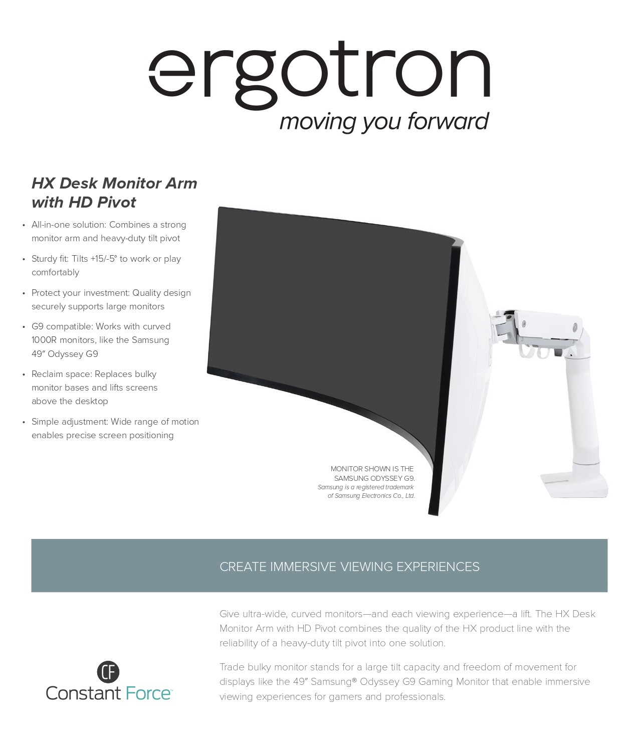 A large marketing image providing additional information about the product Ergotron HX Desk Monitor Arm with HD Pivot - White - Additional alt info not provided