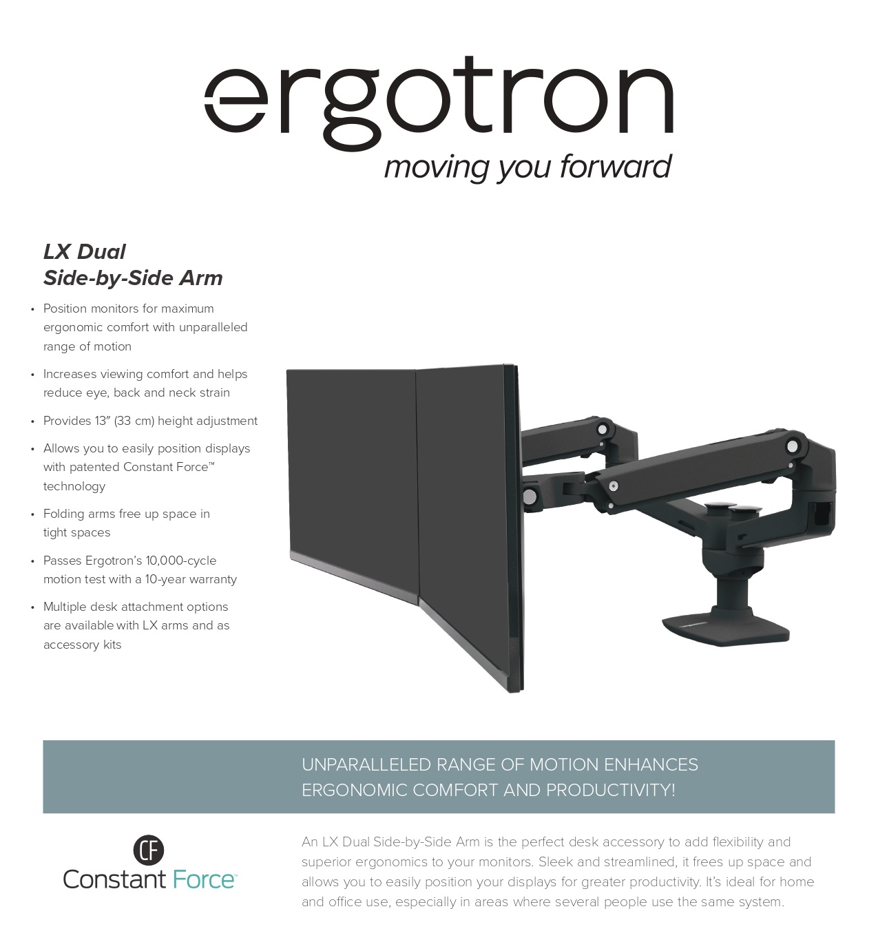 A large marketing image providing additional information about the product Ergotron LX Dual Side-by-Side Arm - Polished Aluminum - Additional alt info not provided