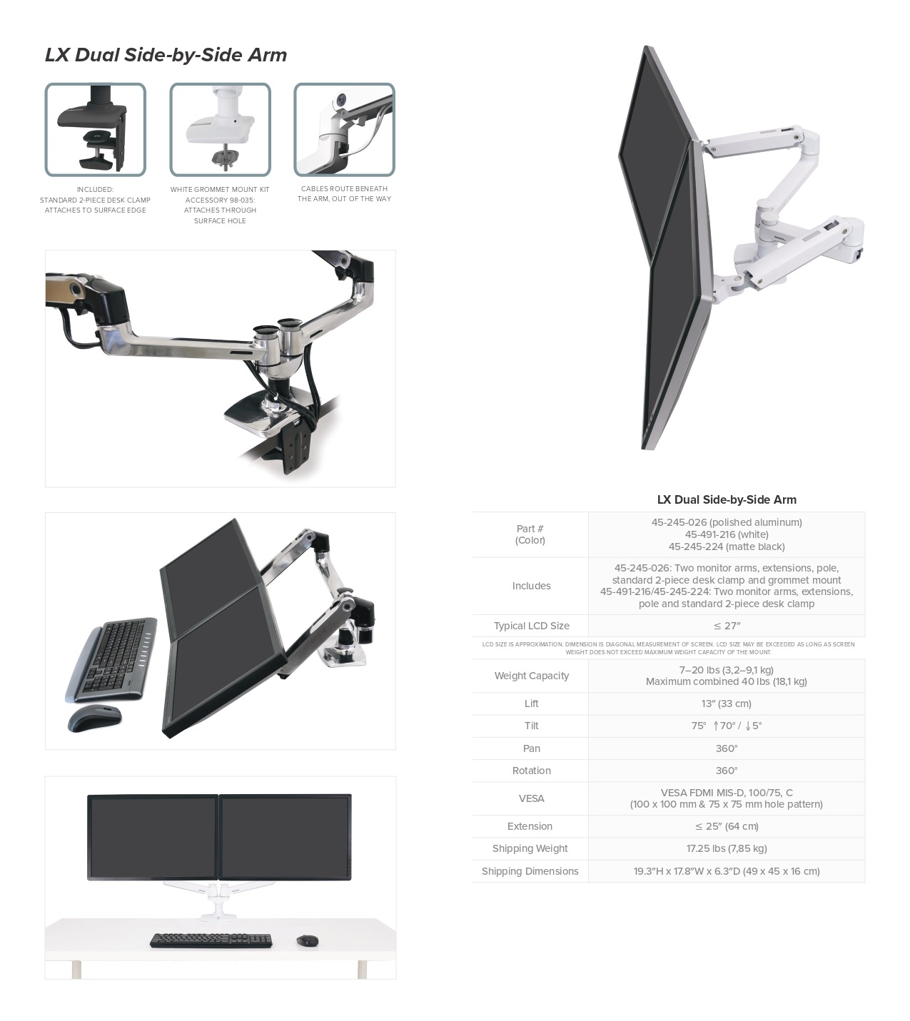 A large marketing image providing additional information about the product Ergotron LX Dual Side-by-Side Arm - Matte Black - Additional alt info not provided