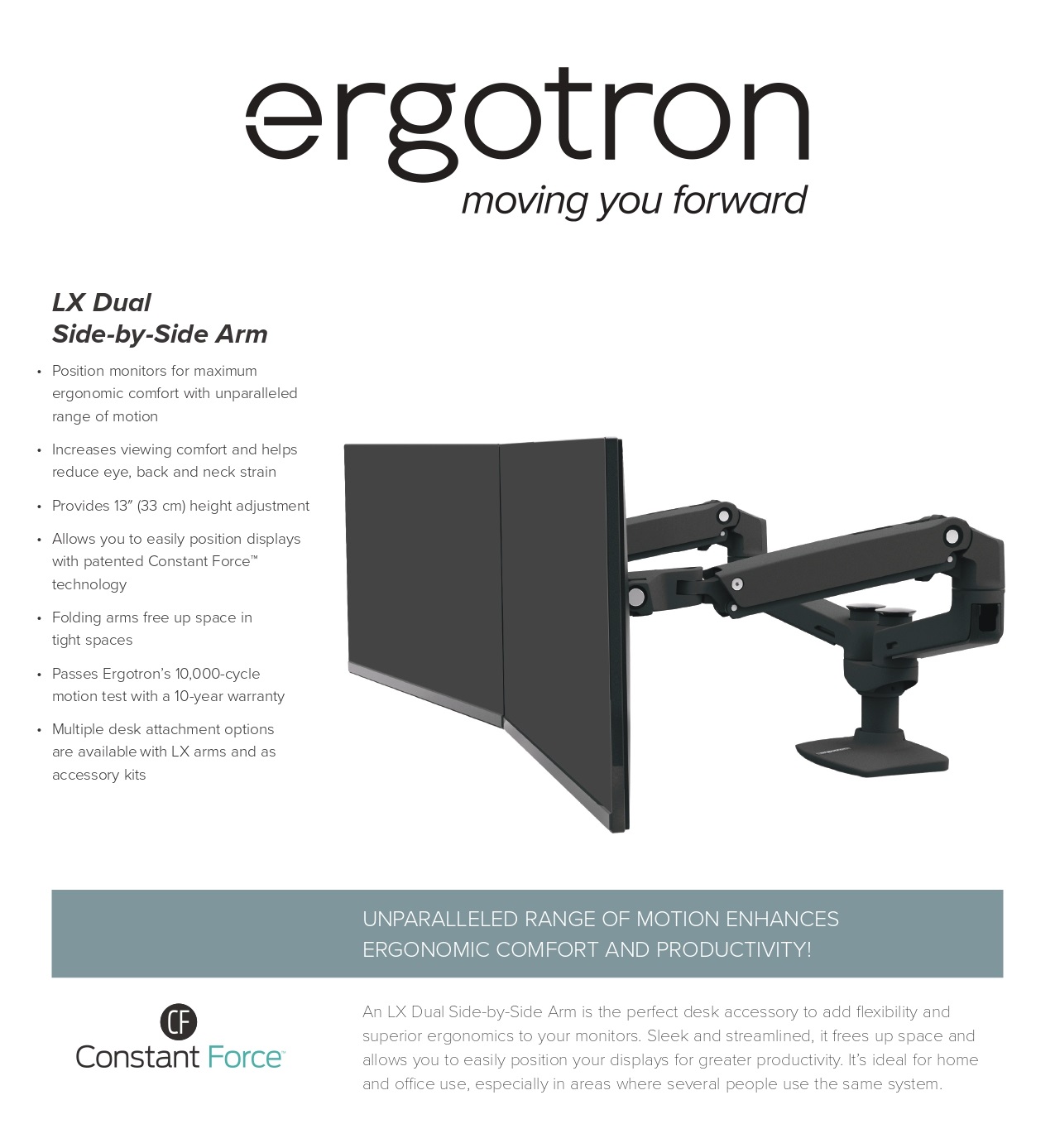 A large marketing image providing additional information about the product Ergotron LX Dual Side-by-Side Arm - White - Additional alt info not provided