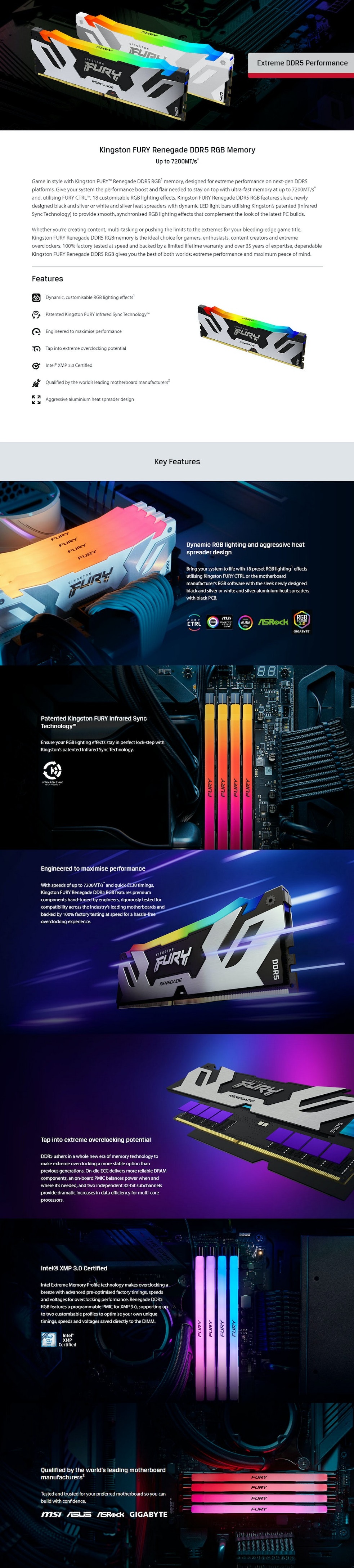 A large marketing image providing additional information about the product Kingston 48GB Kit (2x24GB) DDR5 Fury Renegade RGB CL38 7200Mhz - Black - Additional alt info not provided