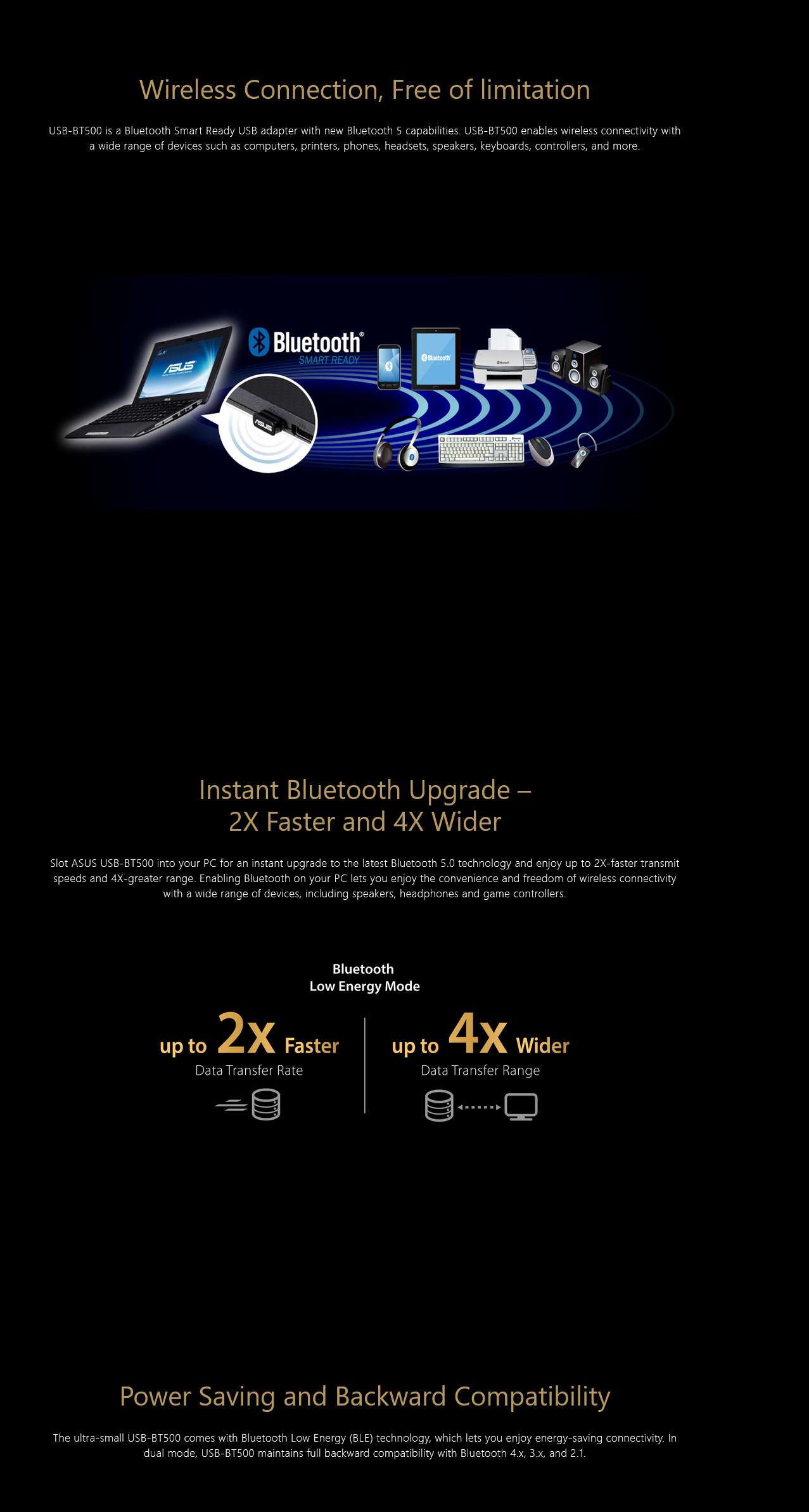 A large marketing image providing additional information about the product ASUS USB-BT500 Bluetooth 5.0 USB Adapter - Additional alt info not provided