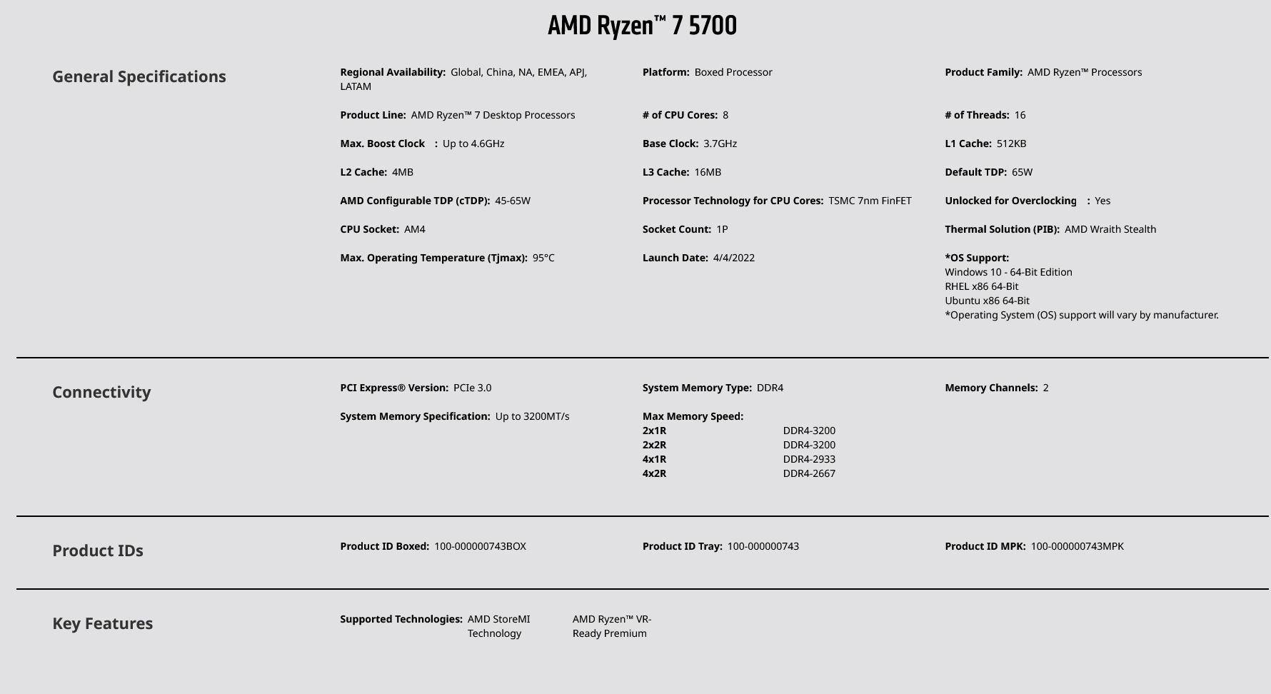 A large marketing image providing additional information about the product AMD Ryzen 7 5700 8 Core 16 Thread Up To 4.6GHz AM4 - With Wraith Spire Cooler - Additional alt info not provided