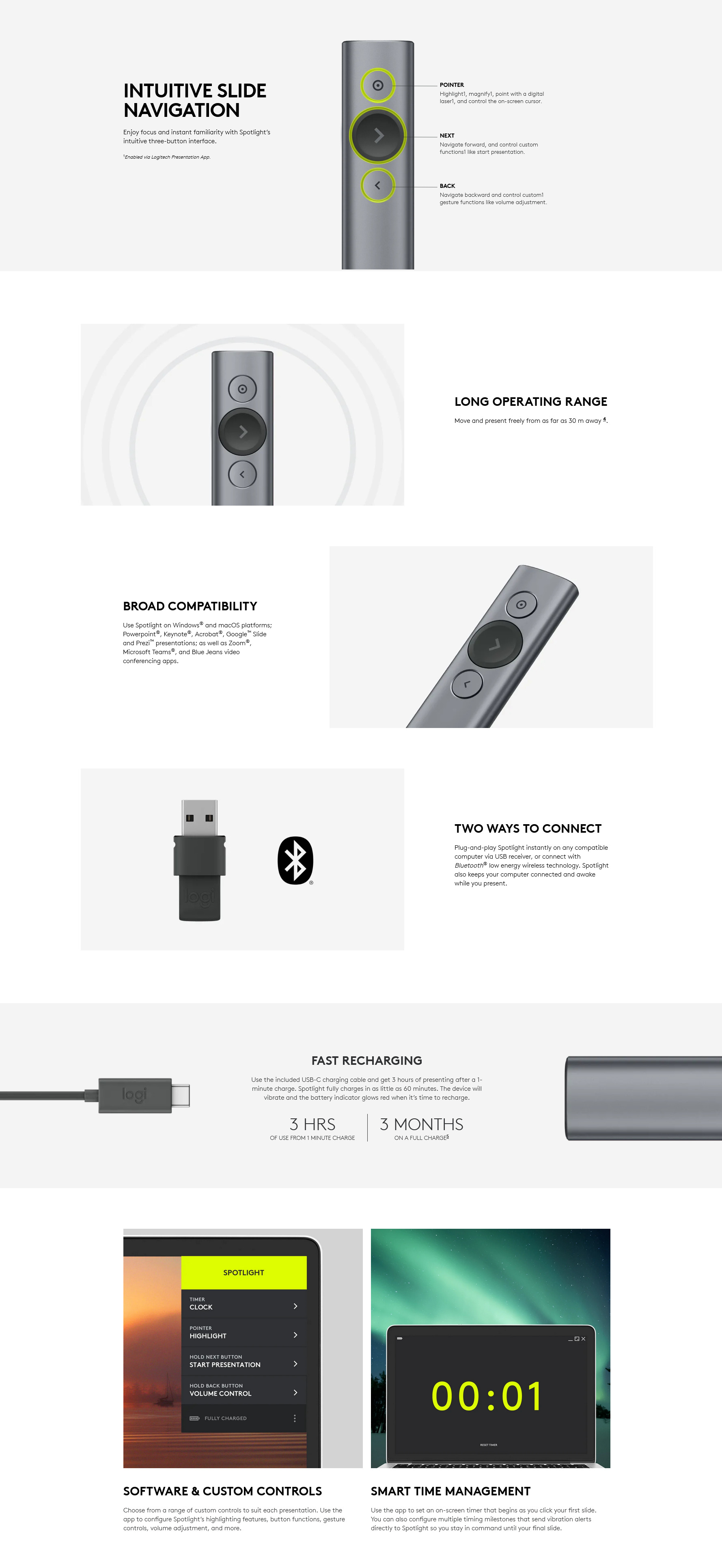 A large marketing image providing additional information about the product Logitech Spotlight - Wireless Presentation Remote (Gold) - Additional alt info not provided
