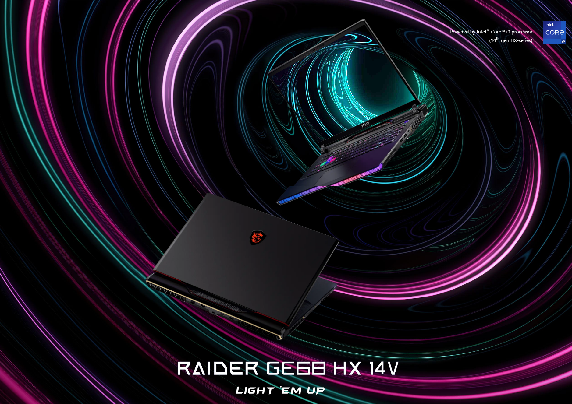 A large marketing image providing additional information about the product MSI Raider GE68 HX (14V) - 16" 120Hz, 14th Gen i9, RTX 4090, 32GB/2TB - Win 11 Gaming Notebook - Additional alt info not provided