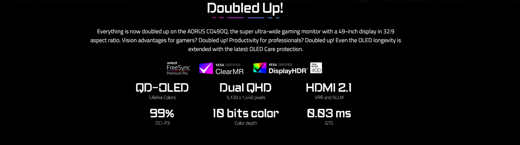 A large marketing image providing additional information about the product Gigabyte AORUS CO49DQ 49" Curved DQHD Ultrawide 144Hz OLED Monitor - Additional alt info not provided