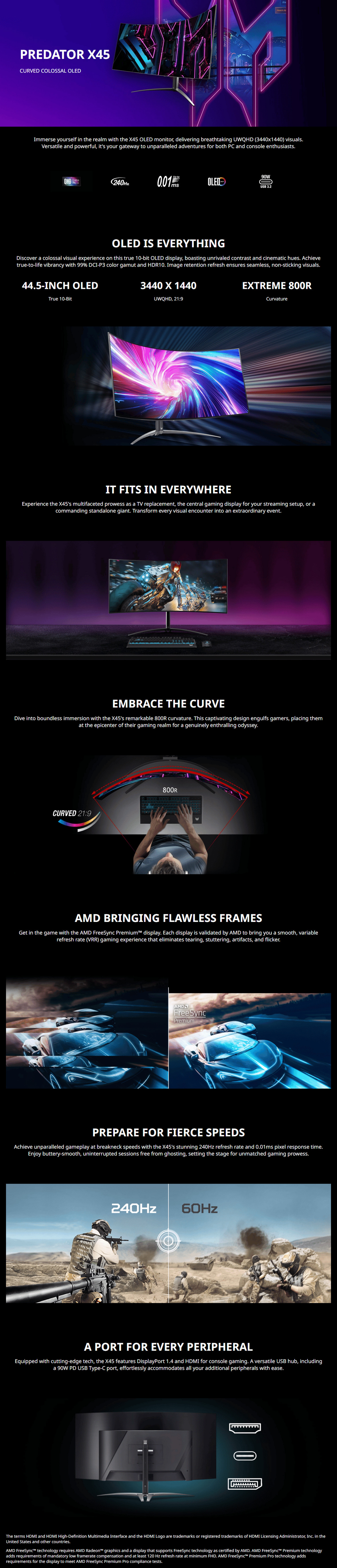 A large marketing image providing additional information about the product Acer Predator X45 45" Curved UWQHD Ultrawide 240Hz OLED Monitor - Additional alt info not provided