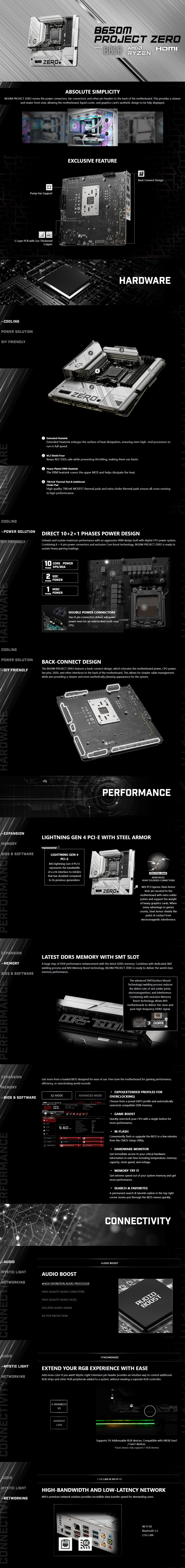 A large marketing image providing additional information about the product MSI B650M Project Zero AM5 mATX Desktop Motherboard - Additional alt info not provided