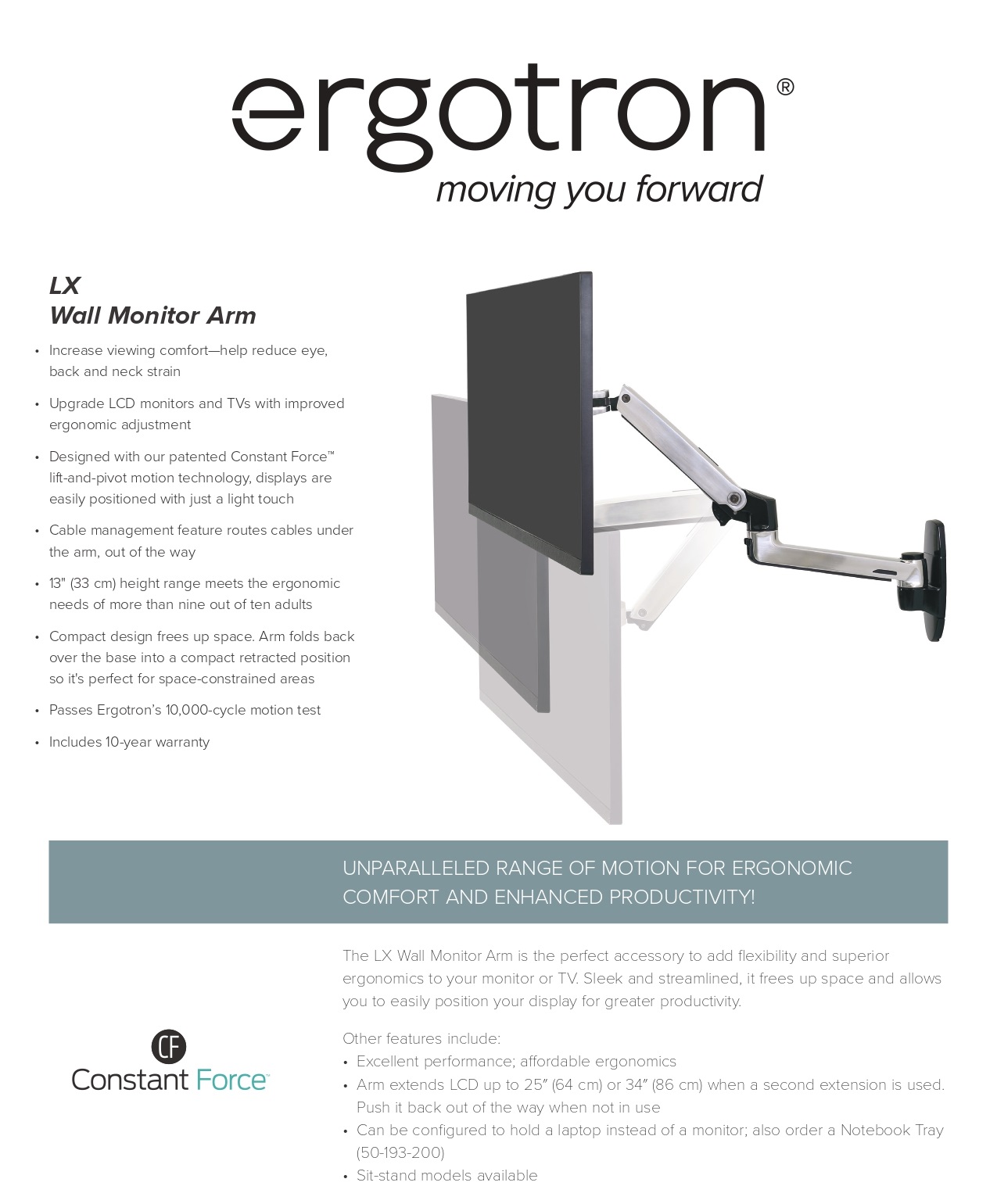 A large marketing image providing additional information about the product Ergotron LX Wall  Monitor Arm - Matte Black - Additional alt info not provided